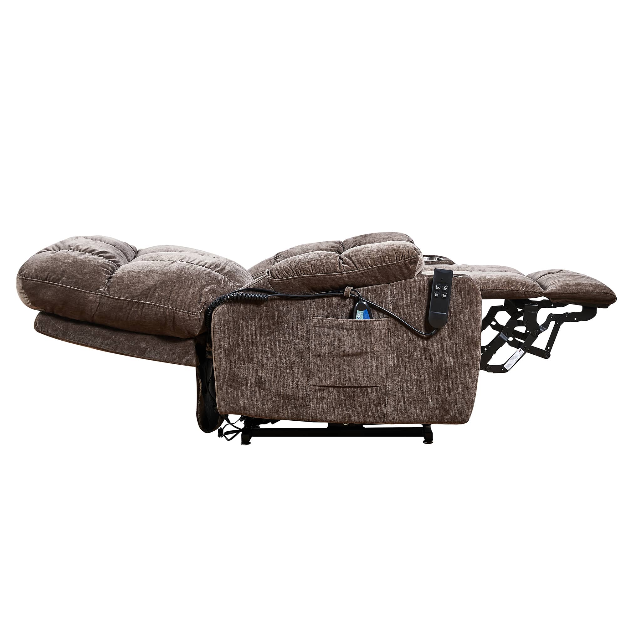 Brown Power Lift Chair Right Profile with Headrest and Footrest Extended