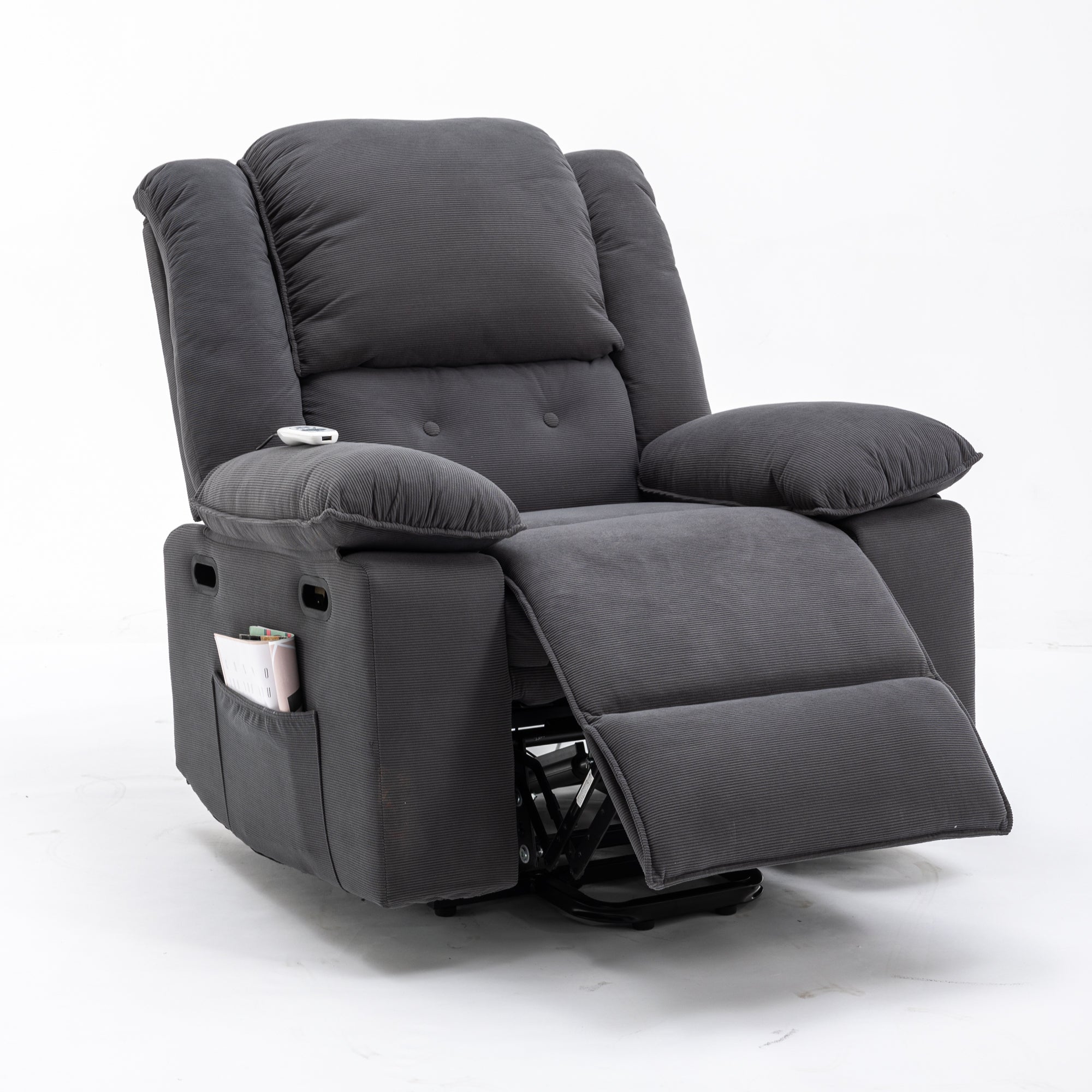 Gray Power Lift Chair Front Profile with Headrest and Footrest Slightly Extended