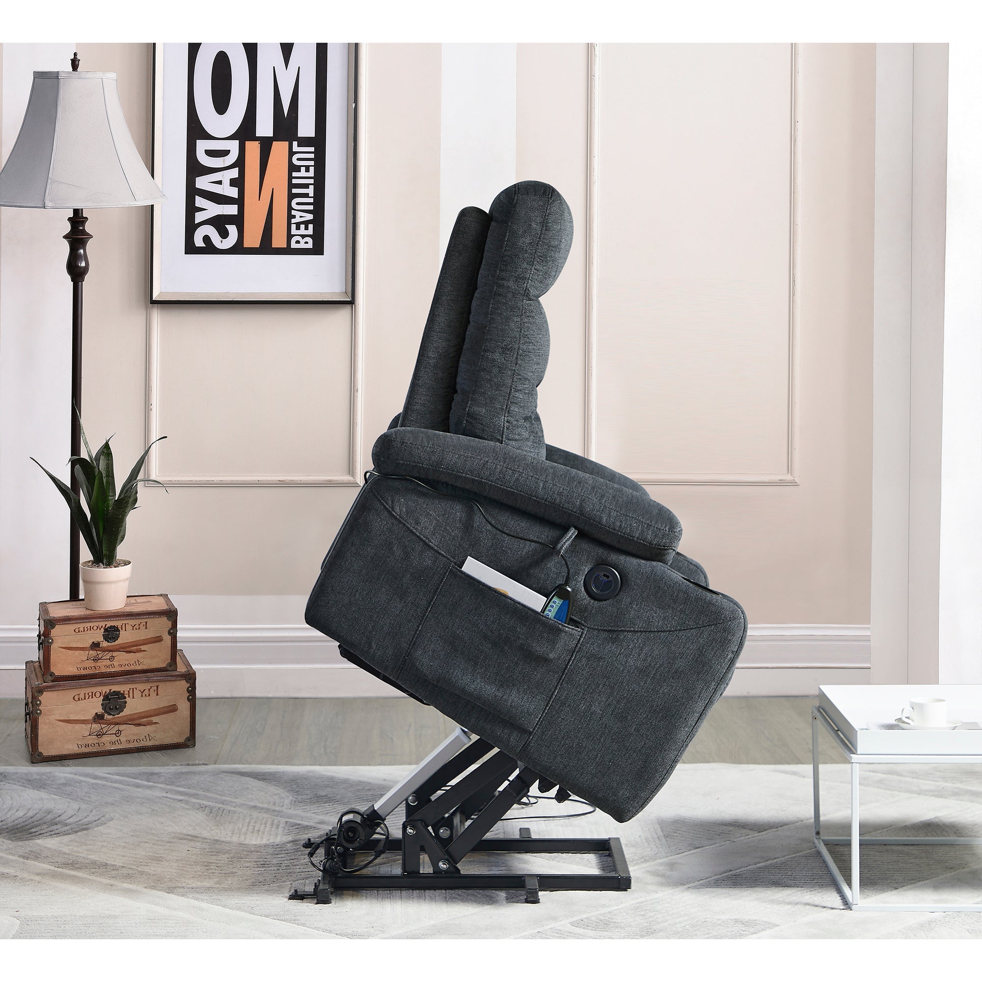 Dark Gray Power Lift Chair Right Profile with Lift Extended