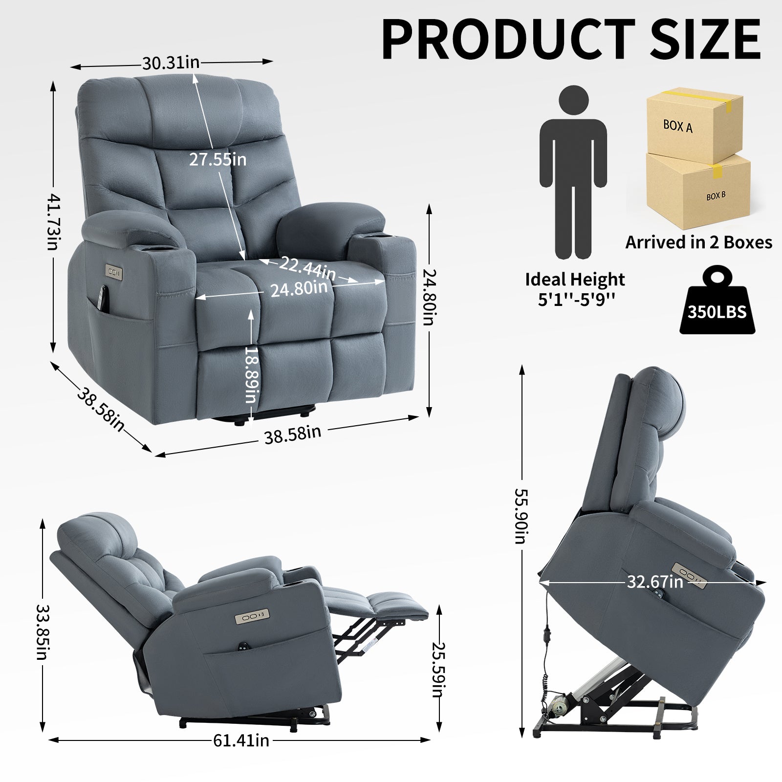 Blue Power Lift Recliner Chair with Vibration Massage and Lumbar Heat, dimensions