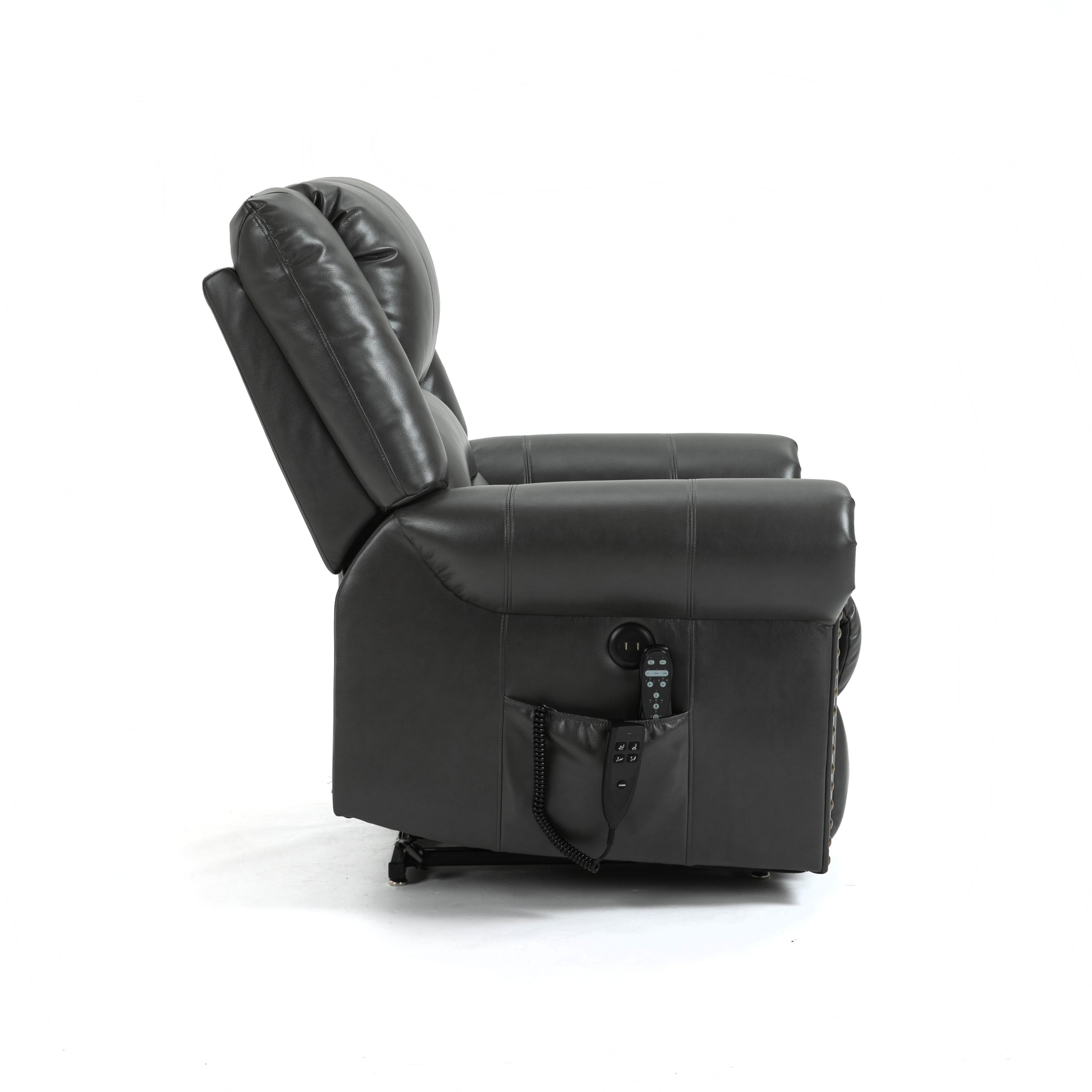 Grey Power Lift Recliner Chair with Heat, Massage, and Infinite Positioning, side view seated