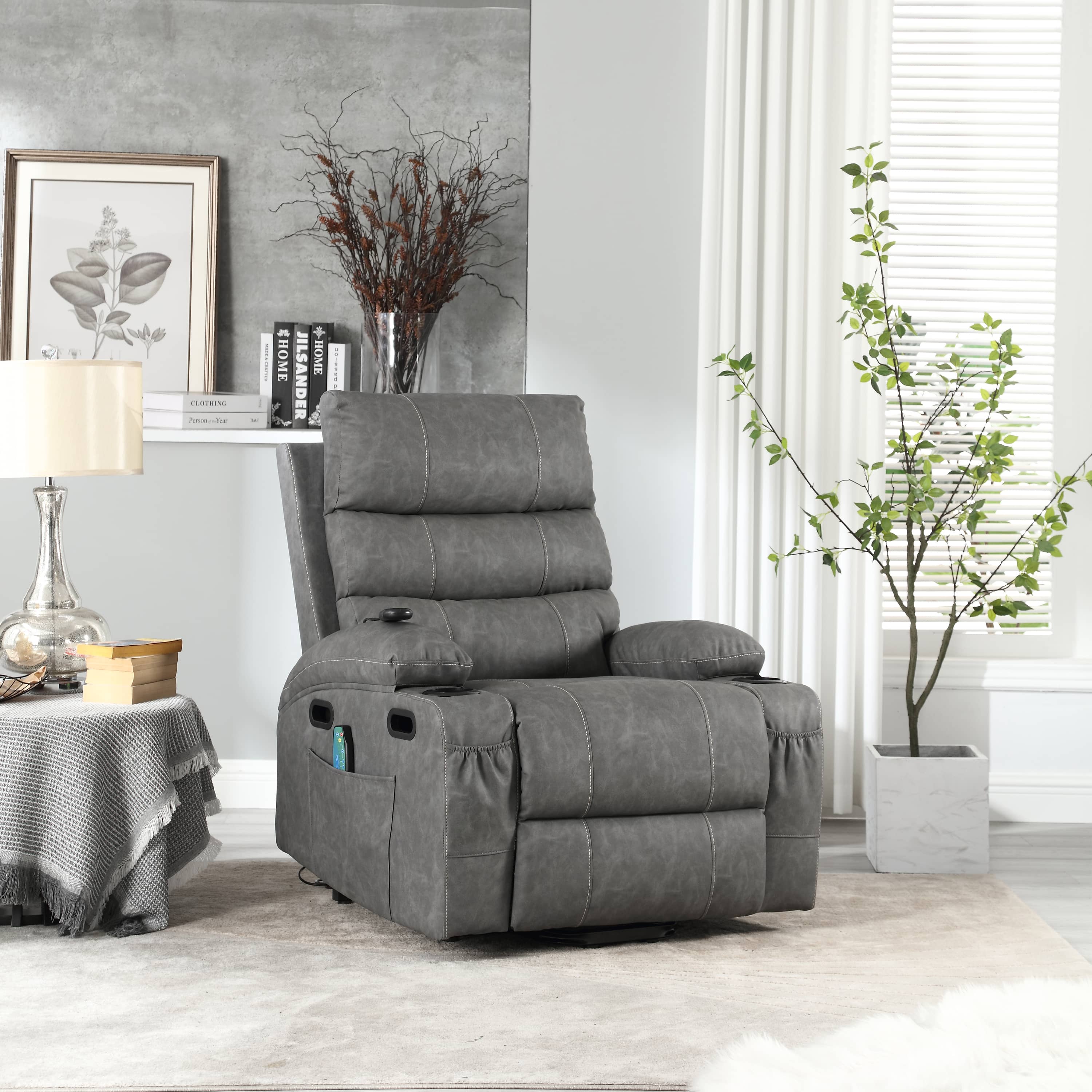 Overstuffed Large Power Lift Recliner with Massage and Heat, Gray, room view, angle seated