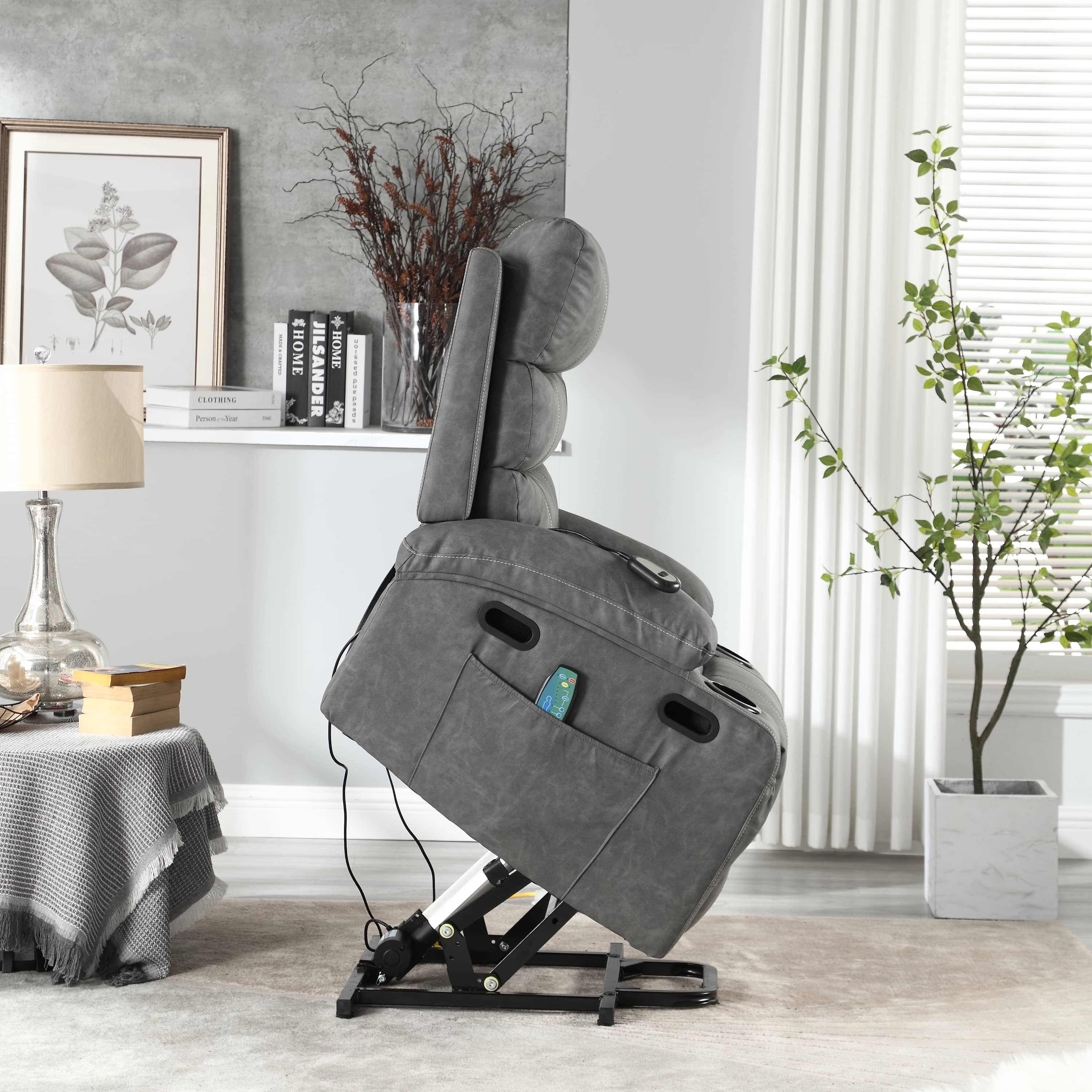 Overstuffed Large Power Lift Recliner with Massage and Heat, Gray, side view, lifted