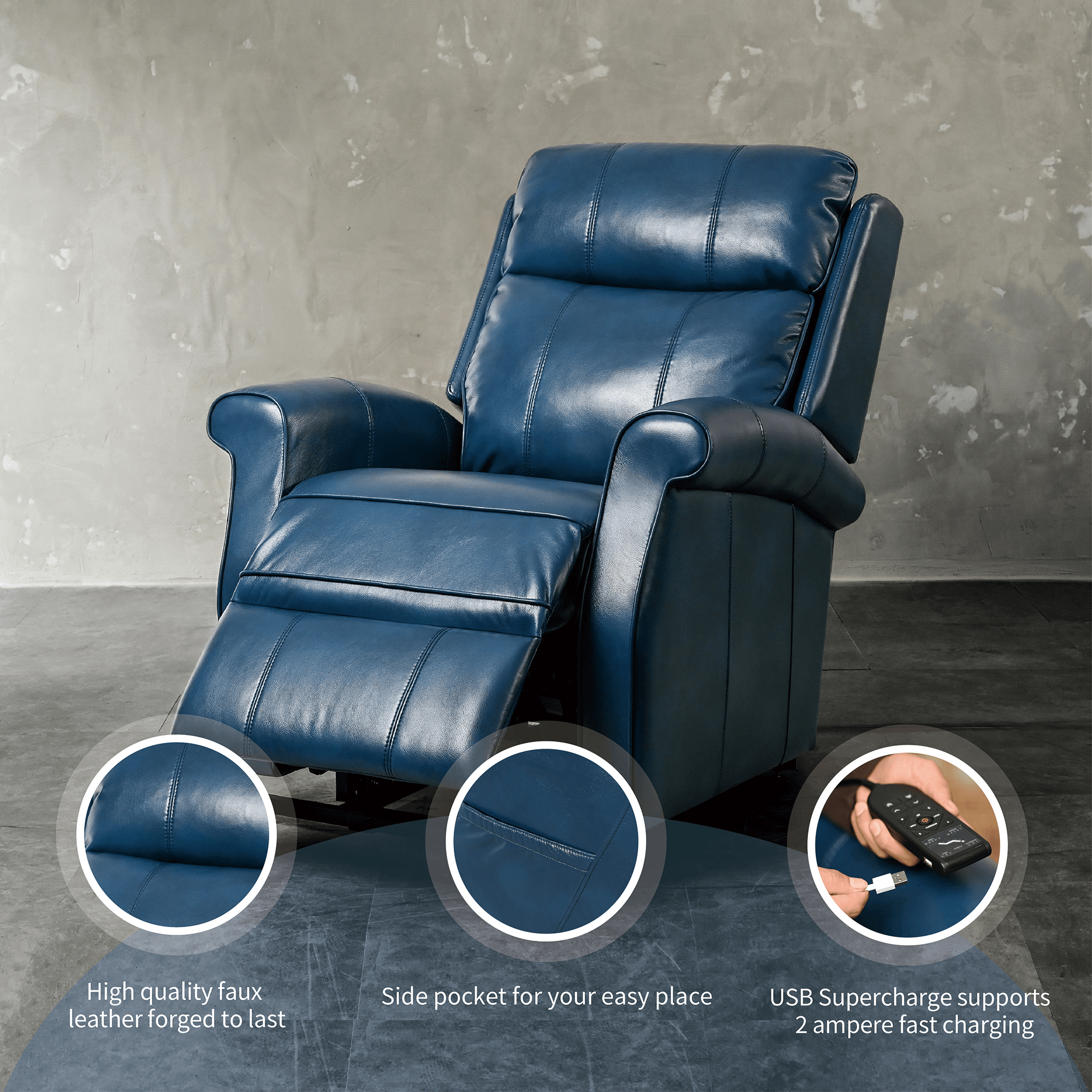 Lift Chair Recliner with Massage and Heat, Blue with Stitching, reclined