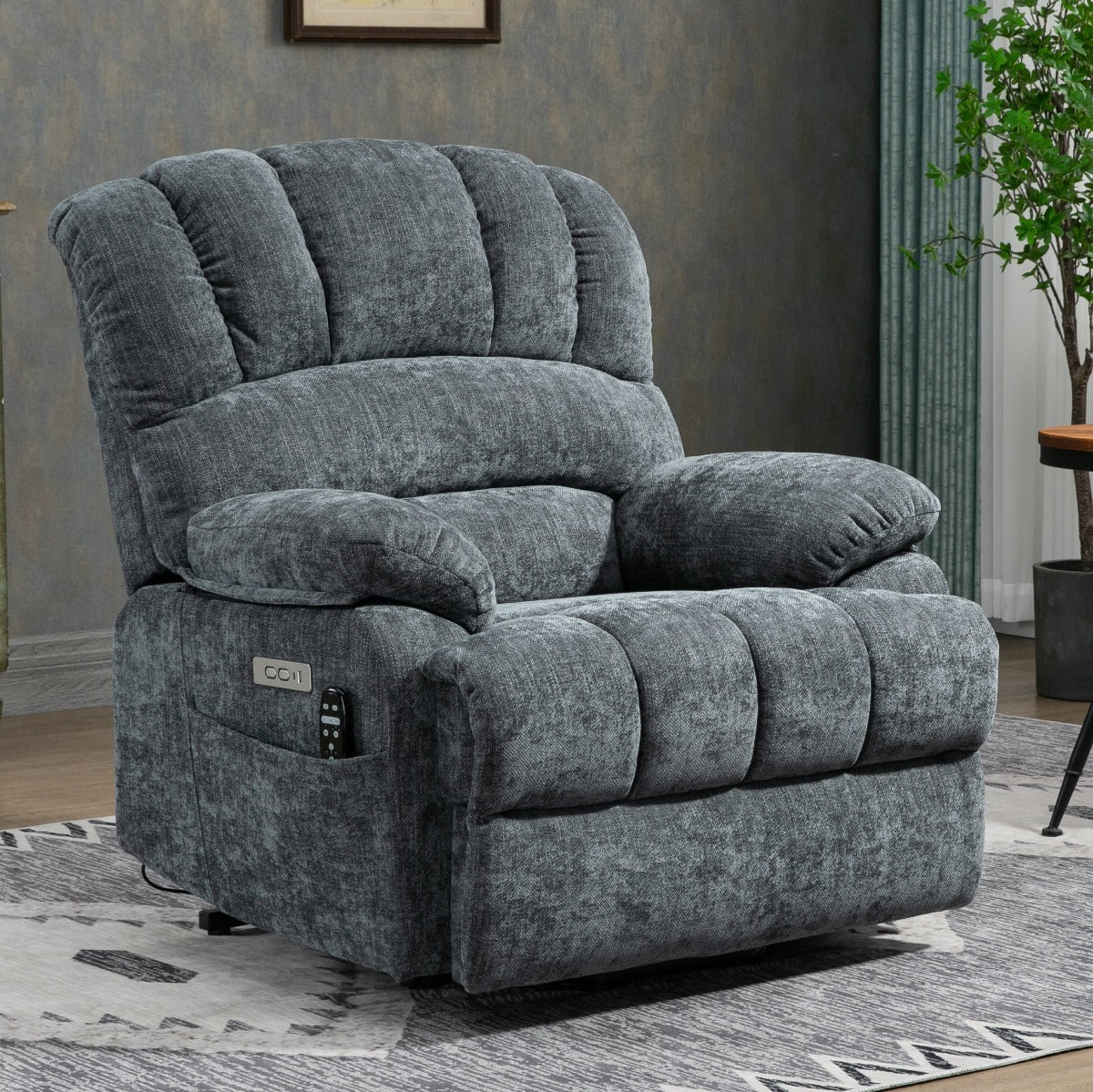 High Back Large Size Blue Chenille Power Lift Recliner Chair with Massage and Heat