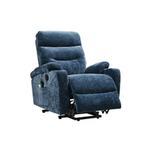 Blue Power Lift Chair Front Right Profile with Headrest and Footrest Extended Slightly