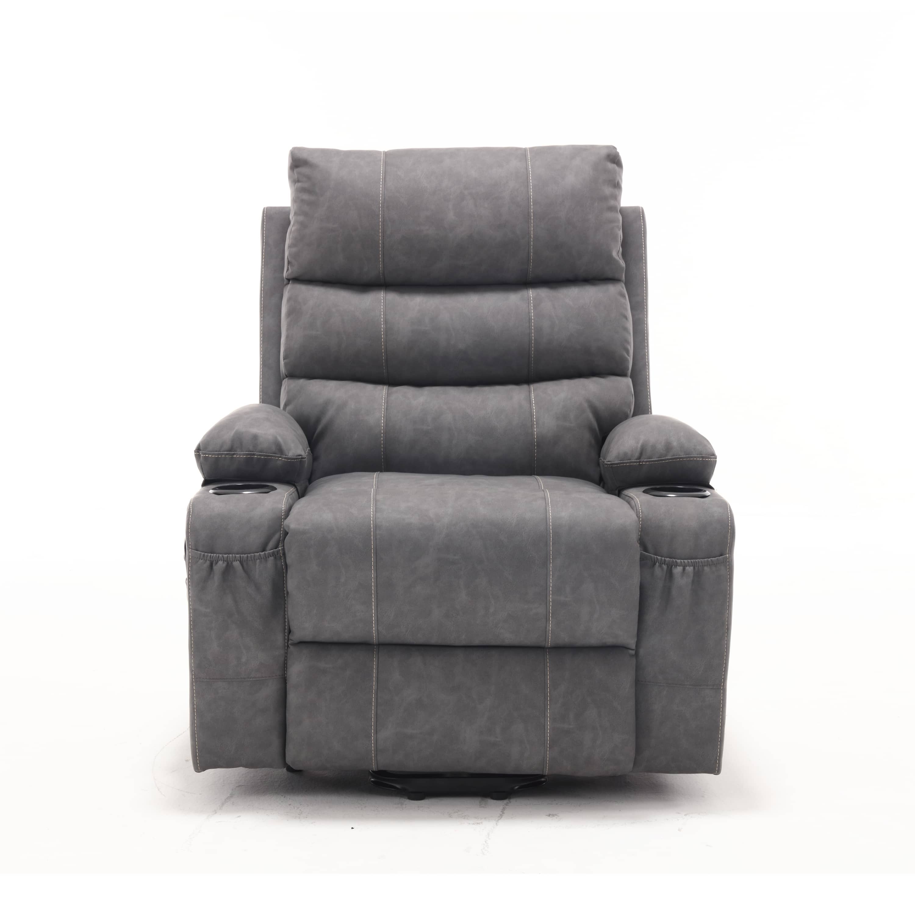 Overstuffed Large Power Lift Recliner with Massage and Heat, Gray, front view seated