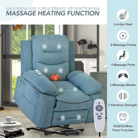 Blue Power Lift Chair Front Profile with Lift Extended and Massage Heating Benefits