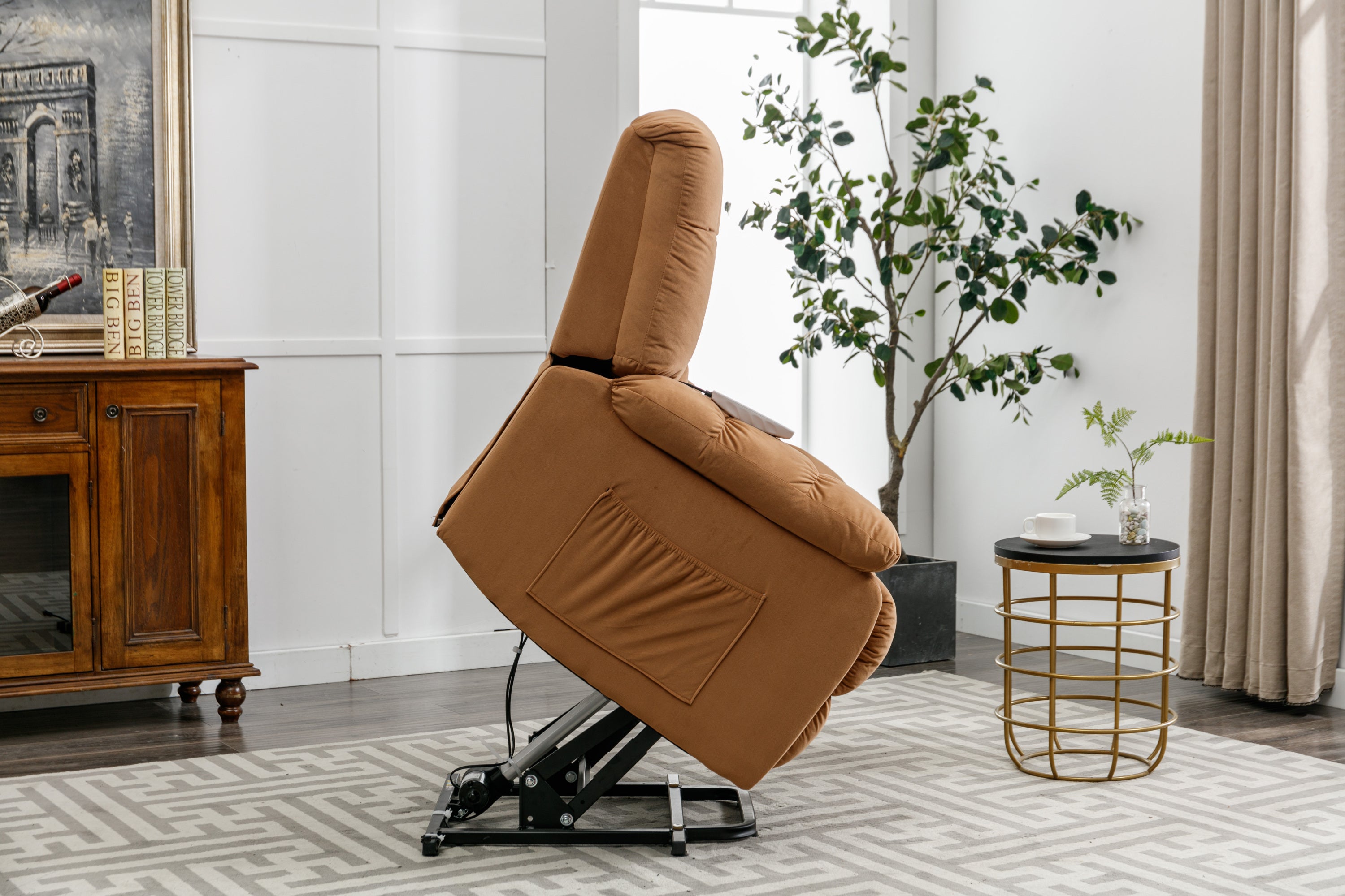 Beige Power Lift Chair Right Profile Lifted