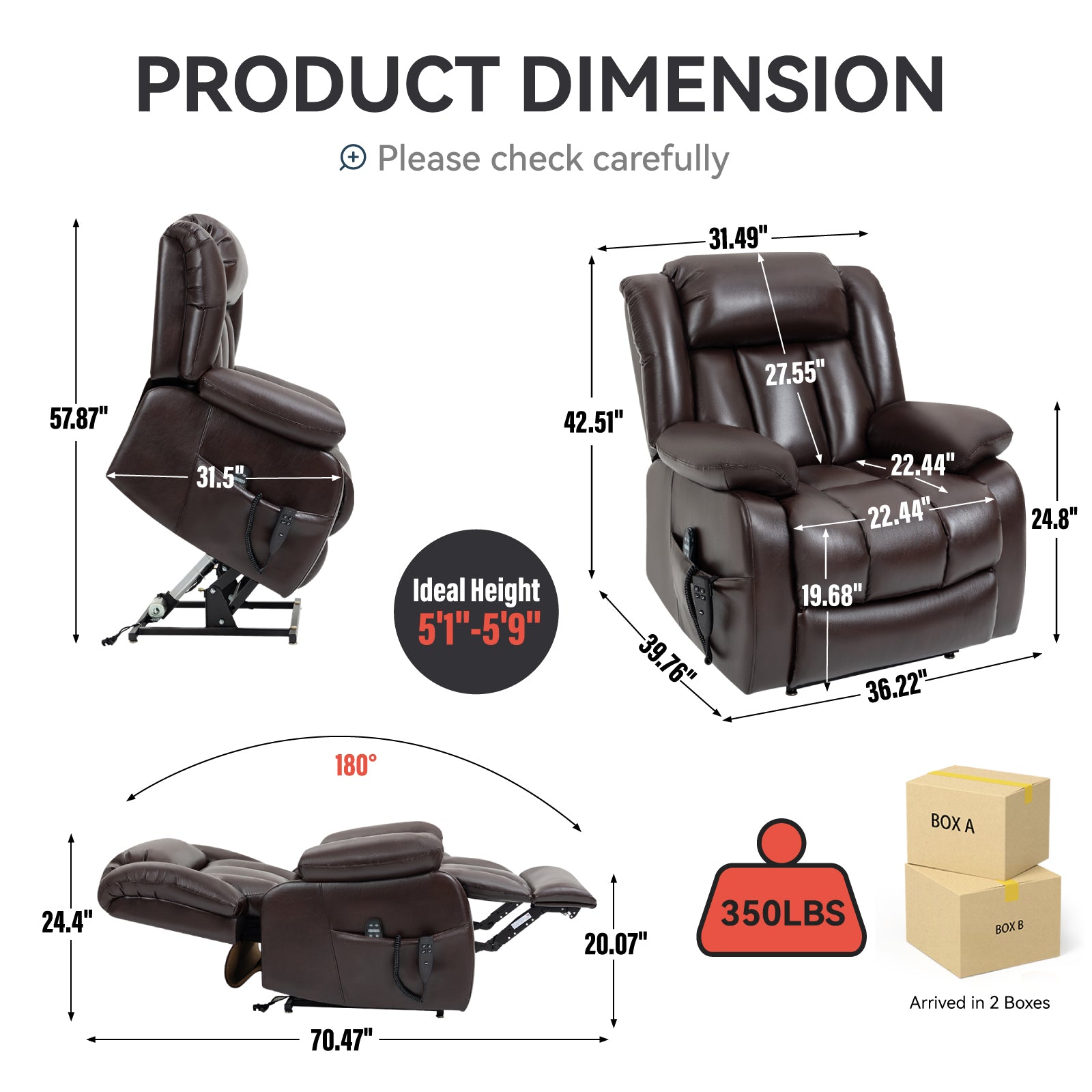 Brown Dual Motor Infinite Position Electric Medium size Power Lift Recliner Chair with 8-Point Vibration Massage and Lumbar Heating