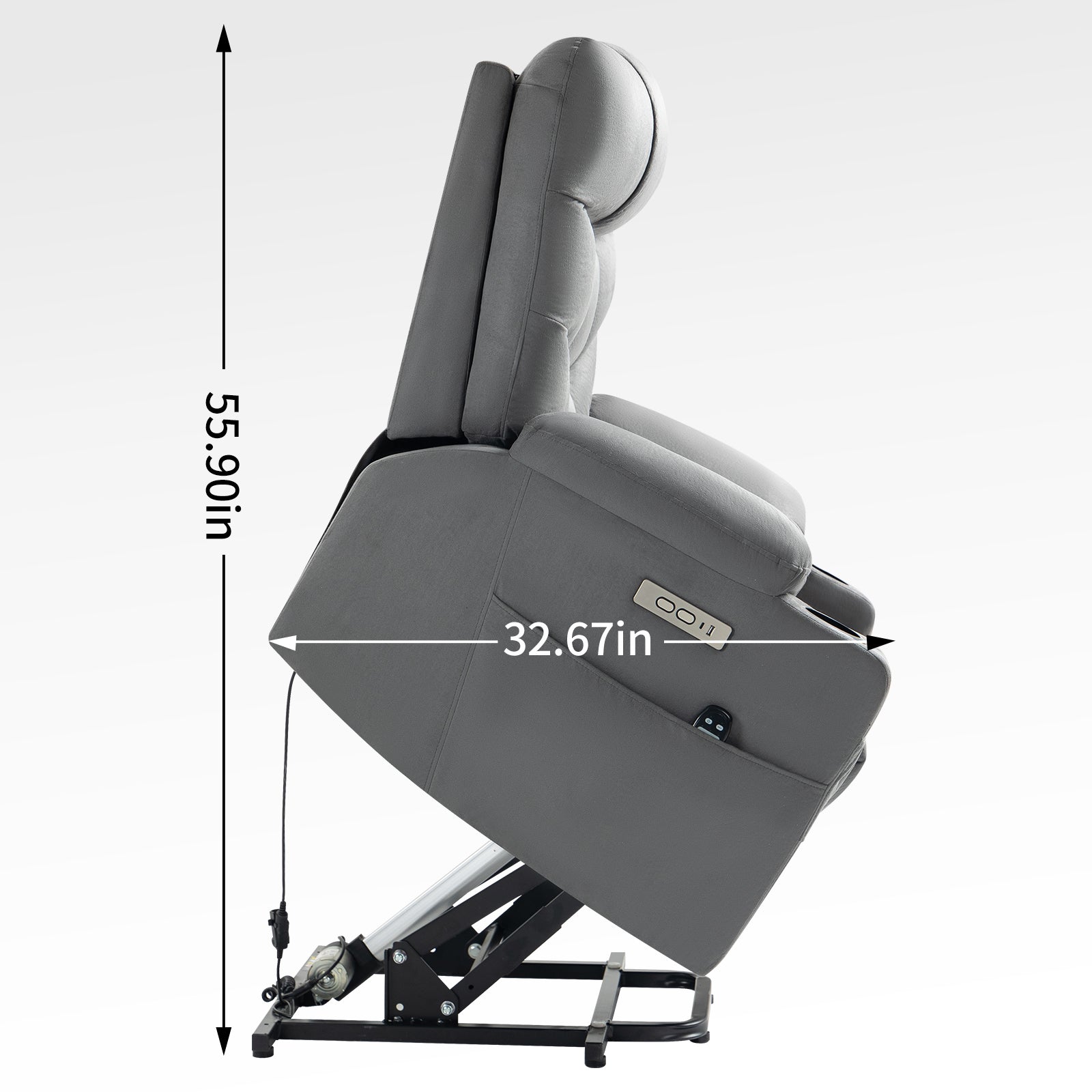 Grey Power Lift Recliner Chair with Vibration Massage and Lumbar Heat, lifted with dimensions