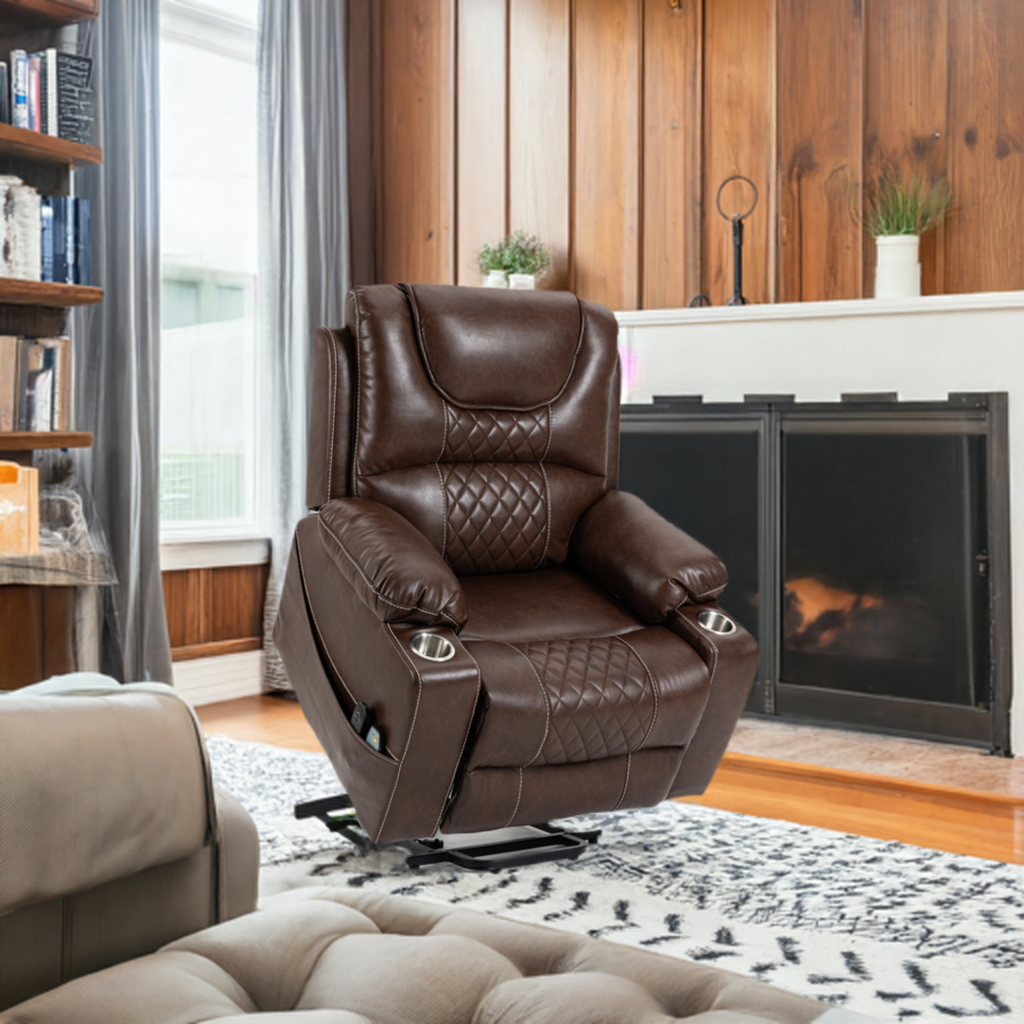 Leather Power Lift Recliner Chair with Massage and Lay Flat Capacity