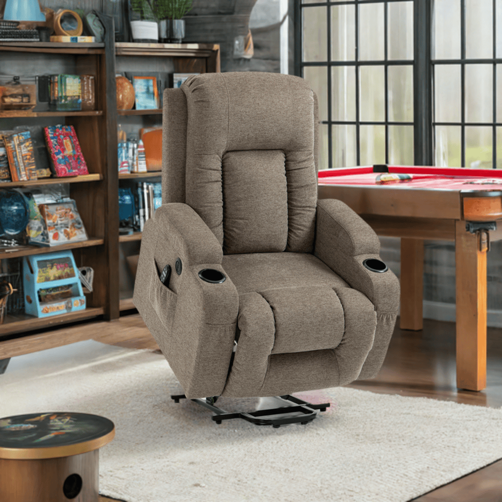 Desert Tan Infinite Position Heavy Duty Power Lift Recliner with Massage and Heat, room view