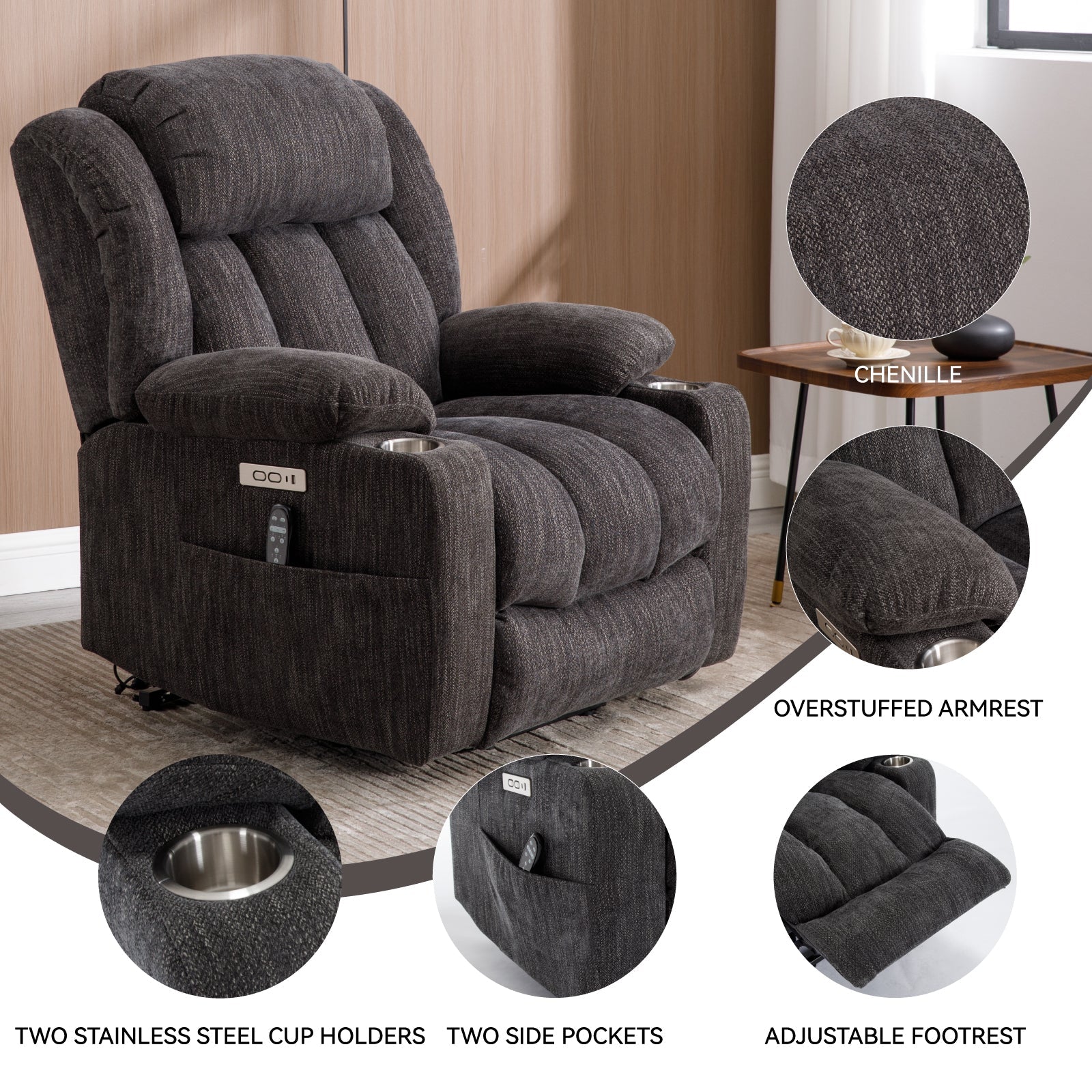 Grey Chenille Power Lift Recliner Chair, Heavy Duty Motion Mechanism with 8 - Point Vibration Massage and Lumbar Heating, USB and Type - C Ports, Stainless Steel Cup Holders - My Lift Chair