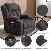Grey Chenille Power Lift Recliner Chair, Heavy Duty Motion Mechanism with 8 - Point Vibration Massage and Lumbar Heating, USB and Type - C Ports, Stainless Steel Cup Holders - My Lift Chair