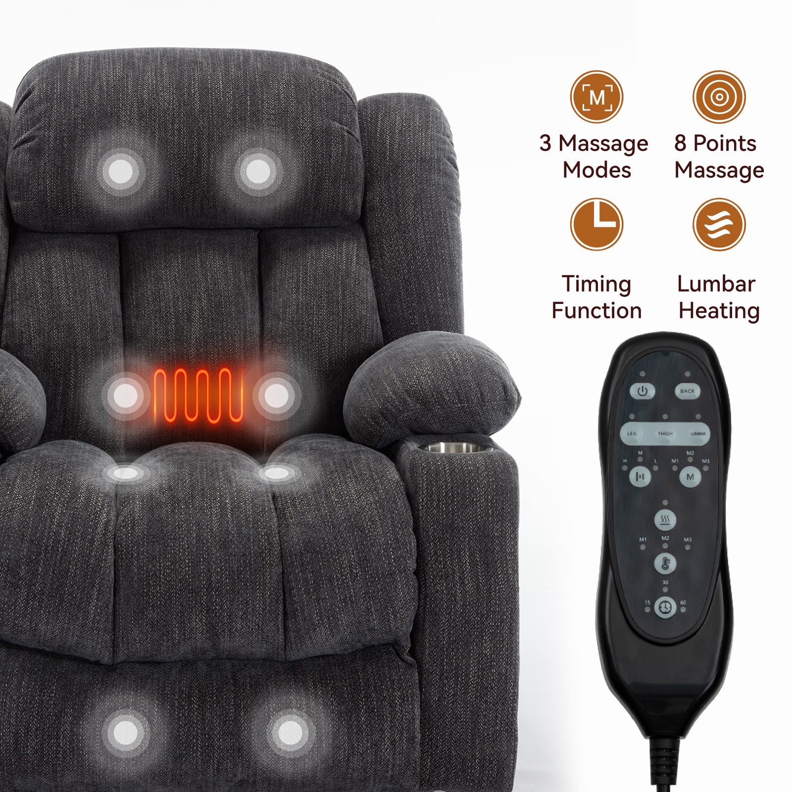 Grey Chenille Power Lift Recliner Chair, Heavy Duty Motion Mechanism with 8 - Point Vibration Massage and Lumbar Heating, USB and Type - C Ports, Stainless Steel Cup Holders - My Lift Chair
