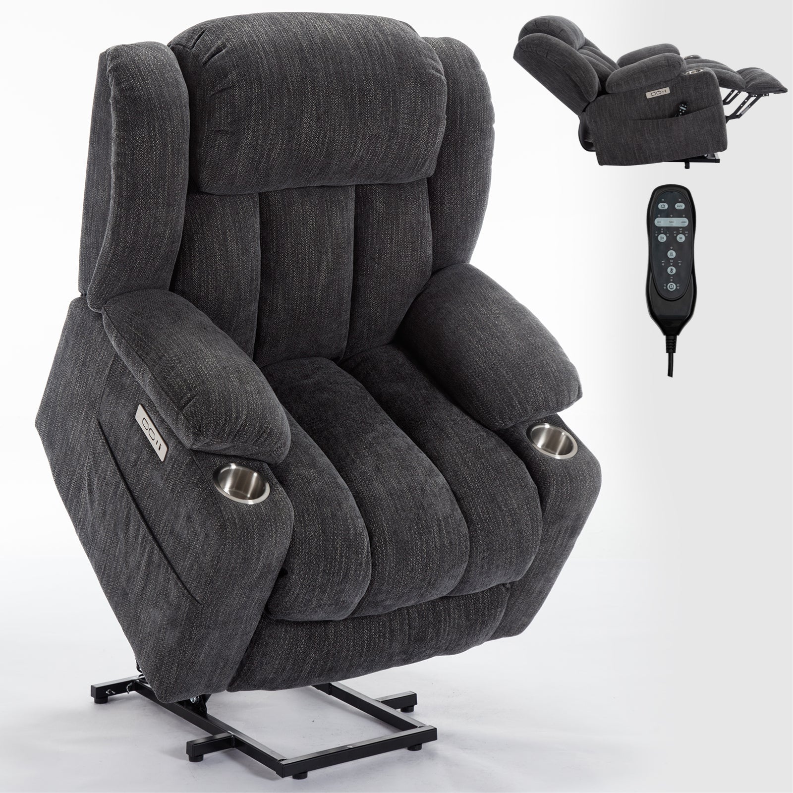 Grey Chenille Power Lift Recliner Chair, Heavy Duty Motion Mechanism with 8 - Point Vibration Massage and Lumbar Heating, USB and Type - C Ports, Stainless Steel Cup Holders - My Lift Chair
