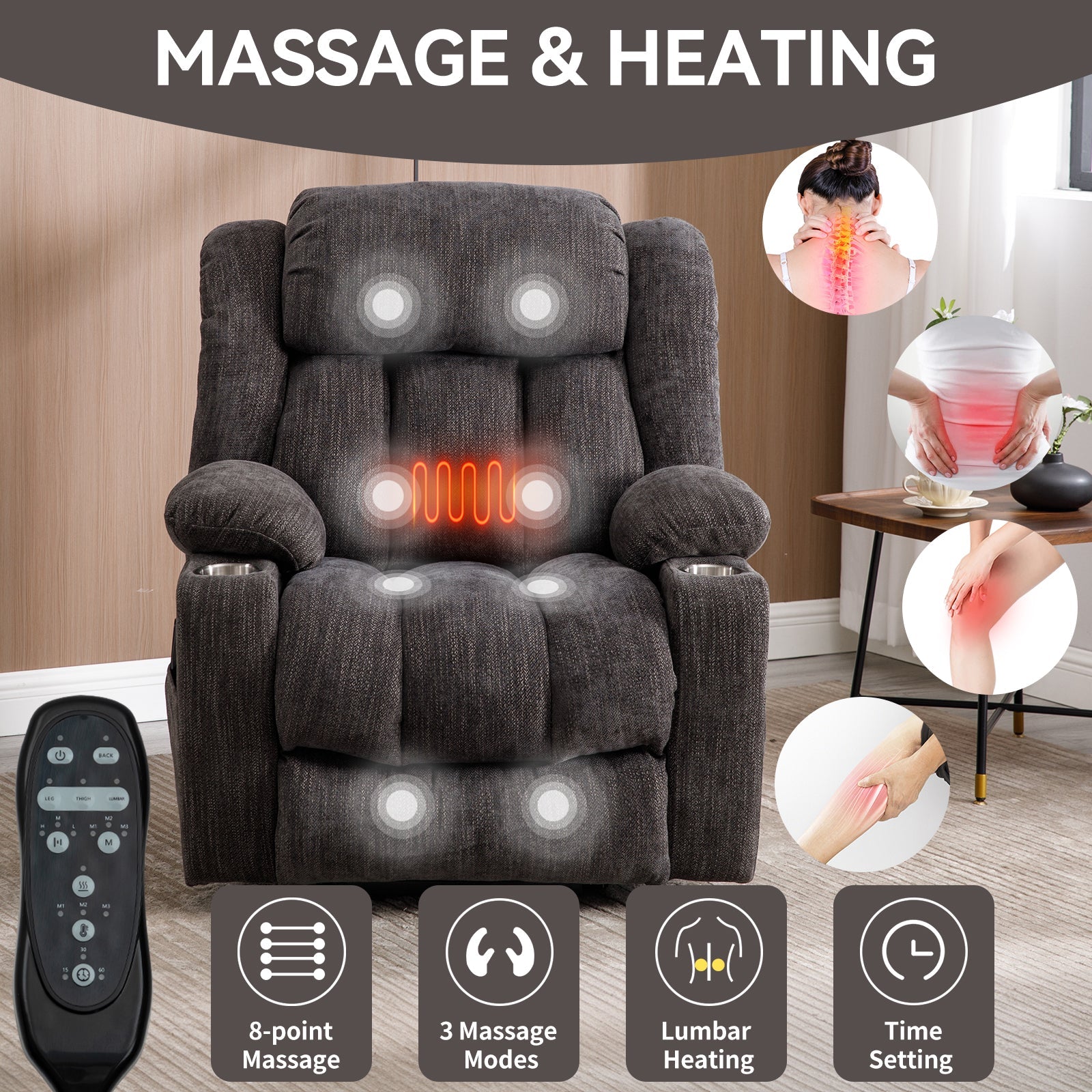 Grey Chenille Power Lift Recliner Chair, Heavy Duty Motion Mechanism with 8 - Point Vibration Massage and Lumbar Heating, USB and Type - C Ports, Stainless Steel Cup Holders - My Lift Chair