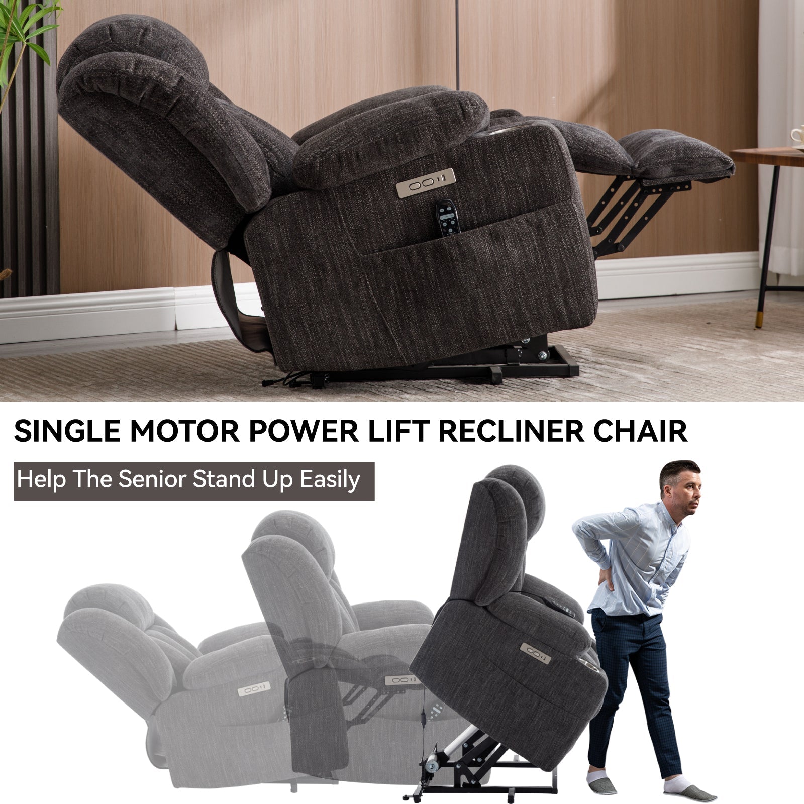 Grey Chenille Power Lift Recliner Chair, Heavy Duty Motion Mechanism with 8 - Point Vibration Massage and Lumbar Heating, USB and Type - C Ports, Stainless Steel Cup Holders - My Lift Chair