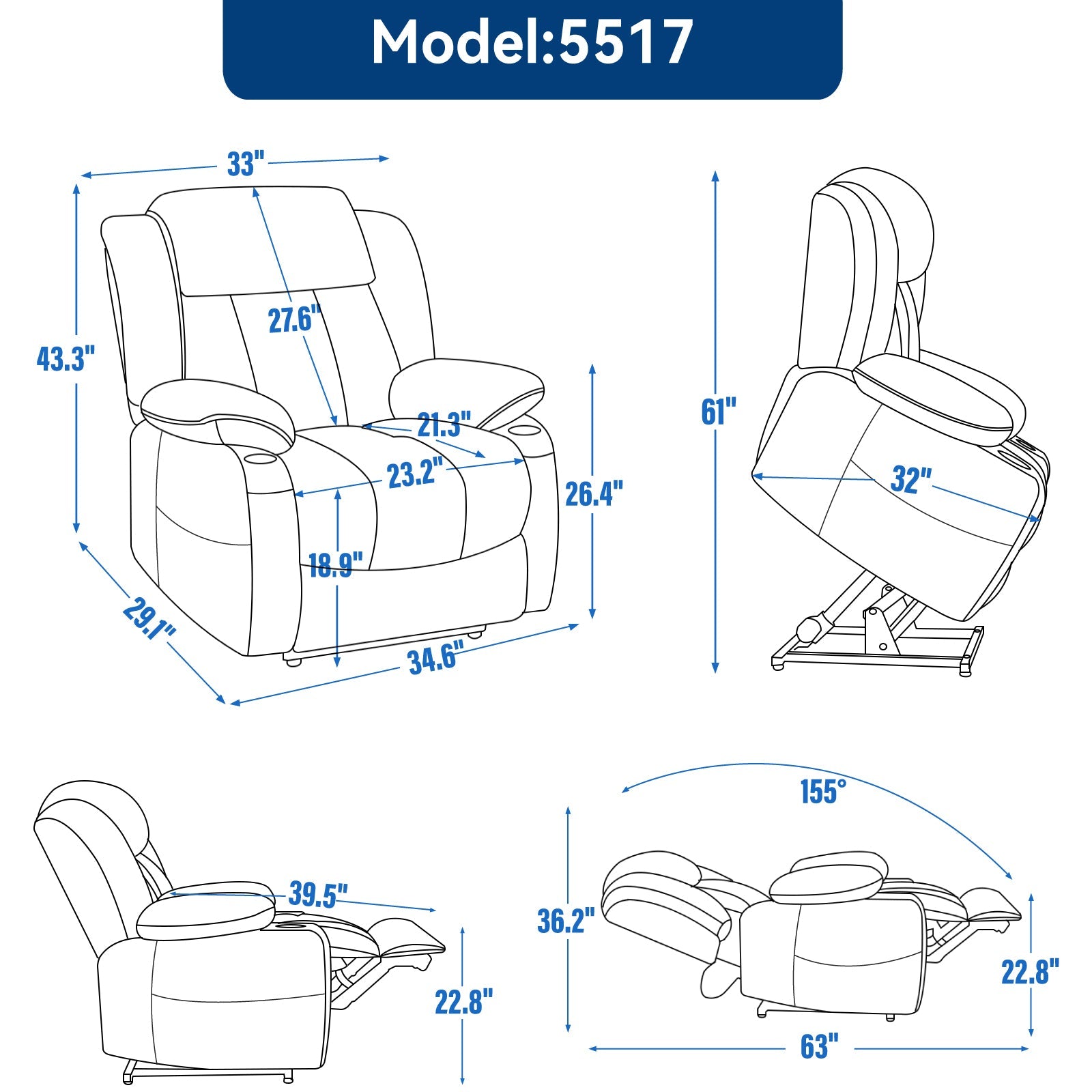 Grey Chenille Power Lift Recliner Chair, Heavy Duty Motion Mechanism with 8 - Point Vibration Massage and Lumbar Heating, USB and Type - C Ports, Stainless Steel Cup Holders - My Lift Chair