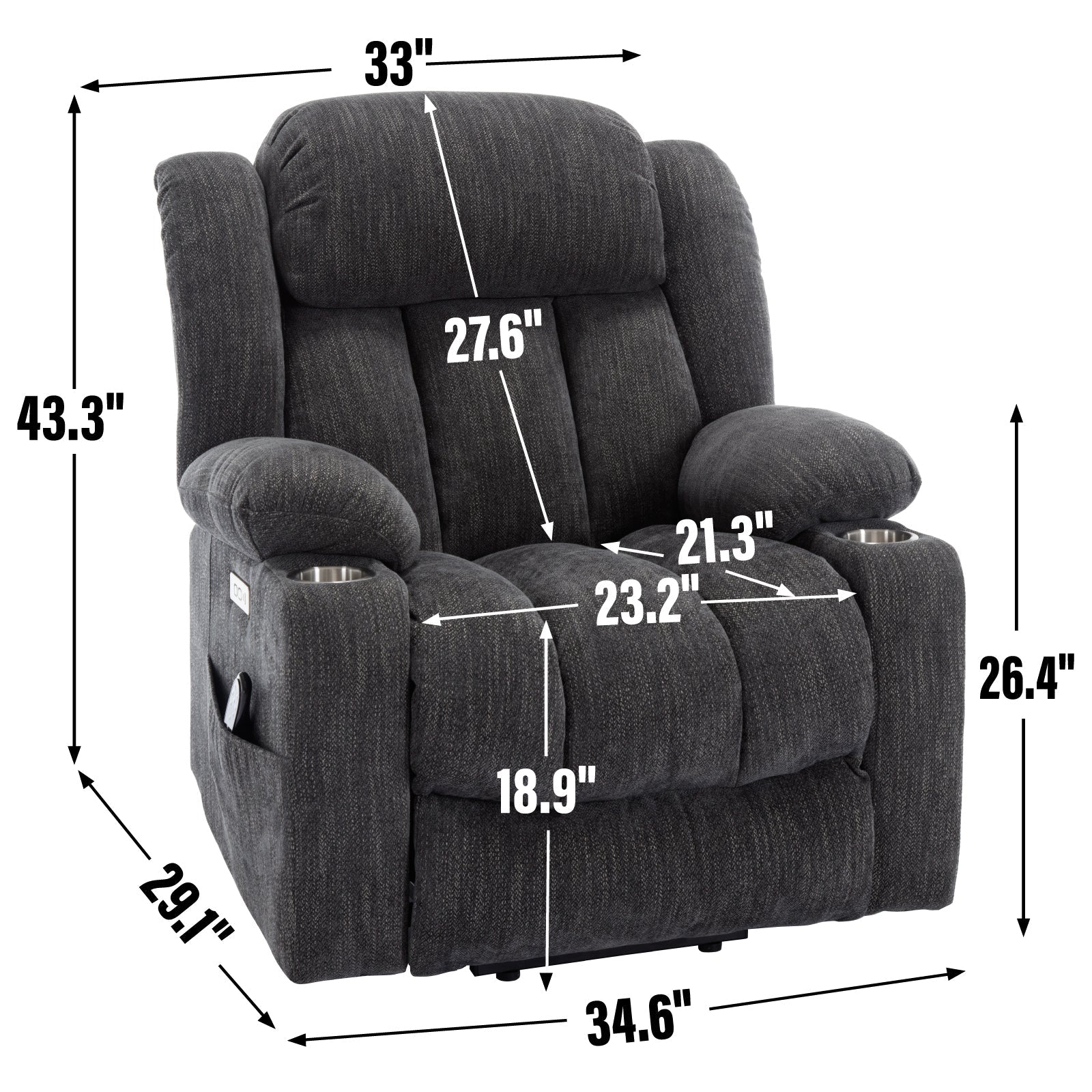 Grey Chenille Power Lift Recliner Chair, Heavy Duty Motion Mechanism with 8 - Point Vibration Massage and Lumbar Heating, USB and Type - C Ports, Stainless Steel Cup Holders - My Lift Chair