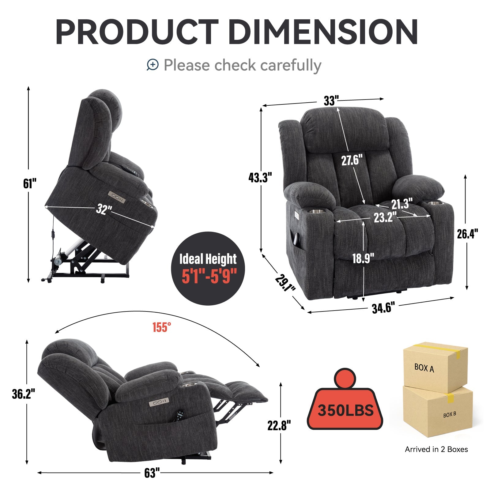 Grey Chenille Power Lift Recliner Chair, Heavy Duty Motion Mechanism with 8 - Point Vibration Massage and Lumbar Heating, USB and Type - C Ports, Stainless Steel Cup Holders - My Lift Chair