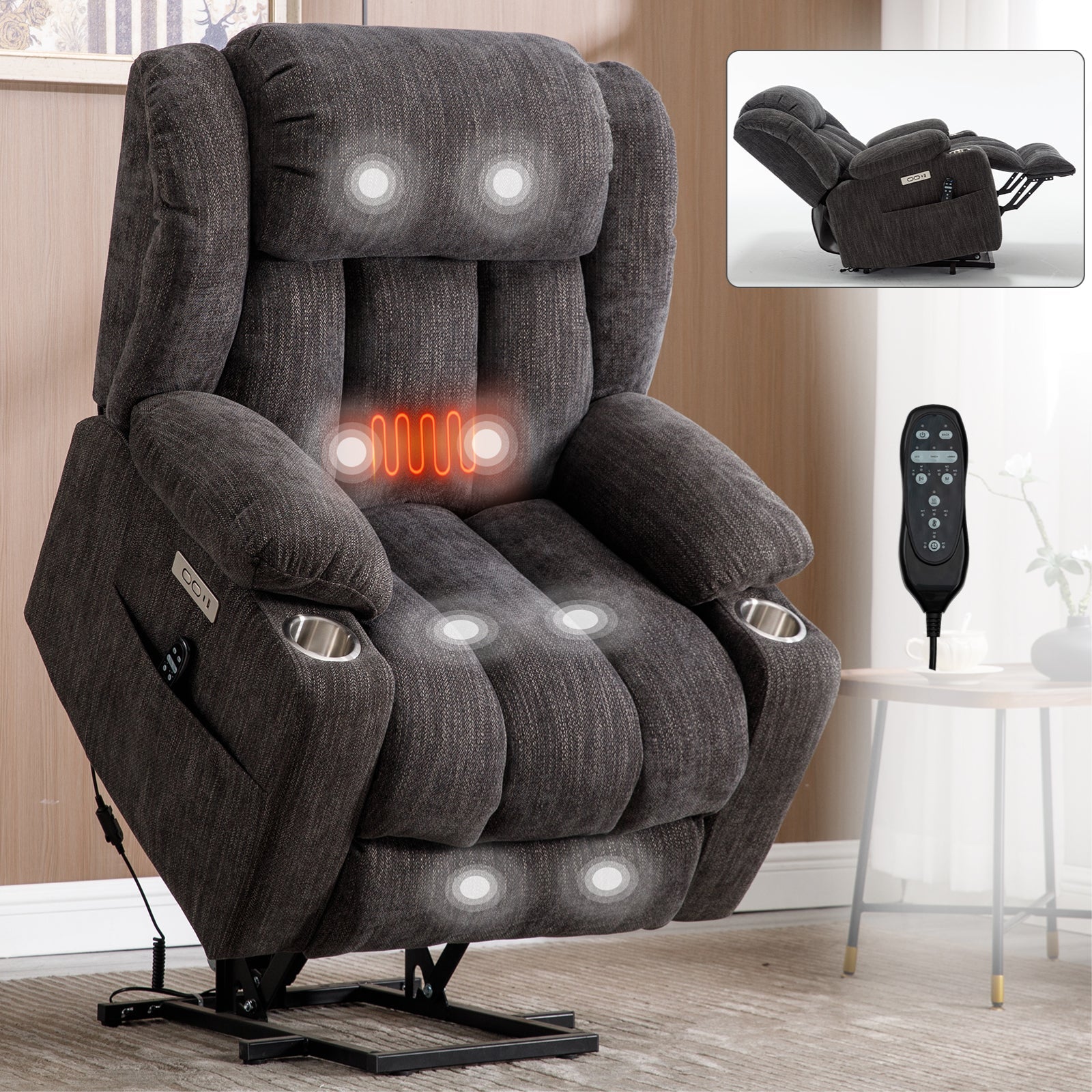 Grey Chenille Power Lift Recliner Chair, Heavy Duty Motion Mechanism with 8 - Point Vibration Massage and Lumbar Heating, USB and Type - C Ports, Stainless Steel Cup Holders - My Lift Chair