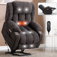 Grey Chenille Power Lift Recliner Chair, Heavy Duty Motion Mechanism with 8 - Point Vibration Massage and Lumbar Heating, USB and Type - C Ports, Stainless Steel Cup Holders - My Lift Chair