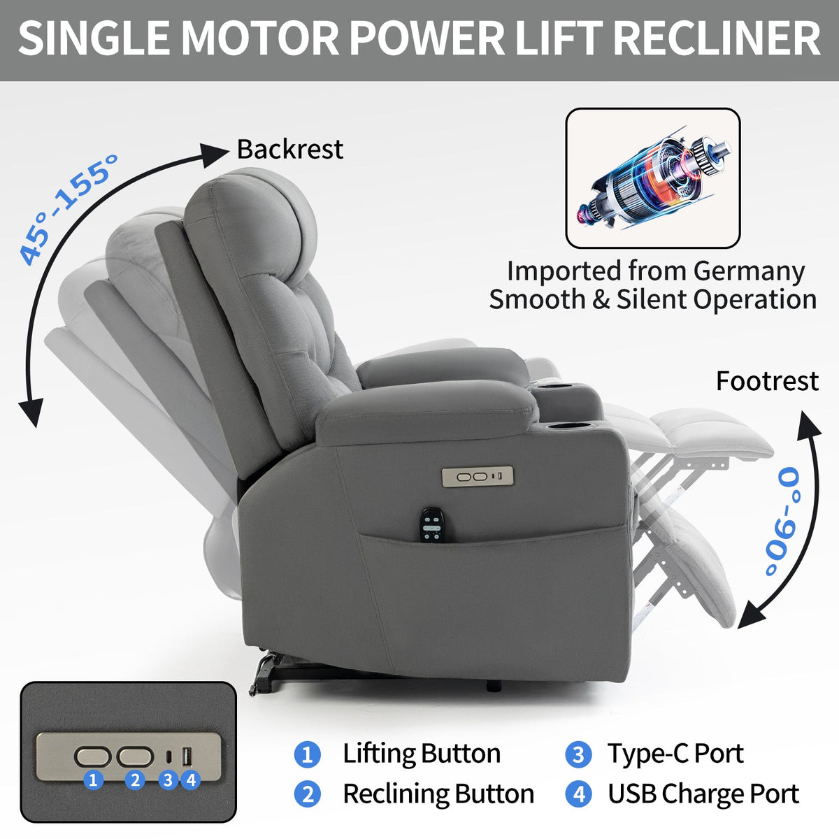 Grey Power Lift Recliner Chair with Vibration Massage and Lumbar Heat - My Lift Chair