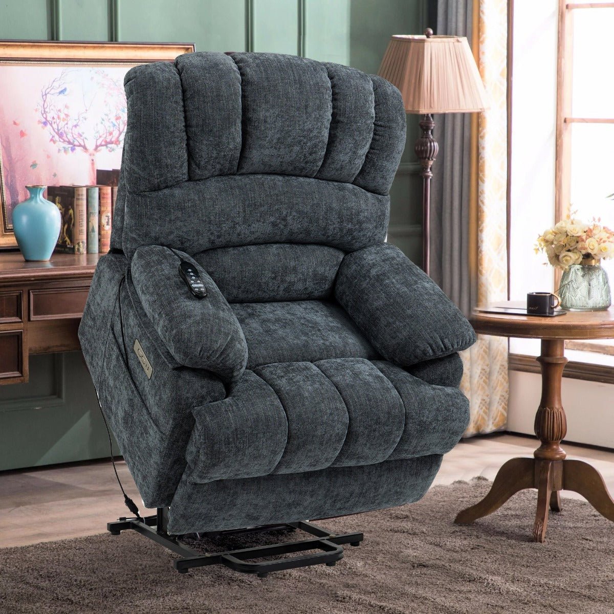 High Back Large Size Blue Chenille Power Lift Recliner Chair with Massage and Heat - My Lift Chair