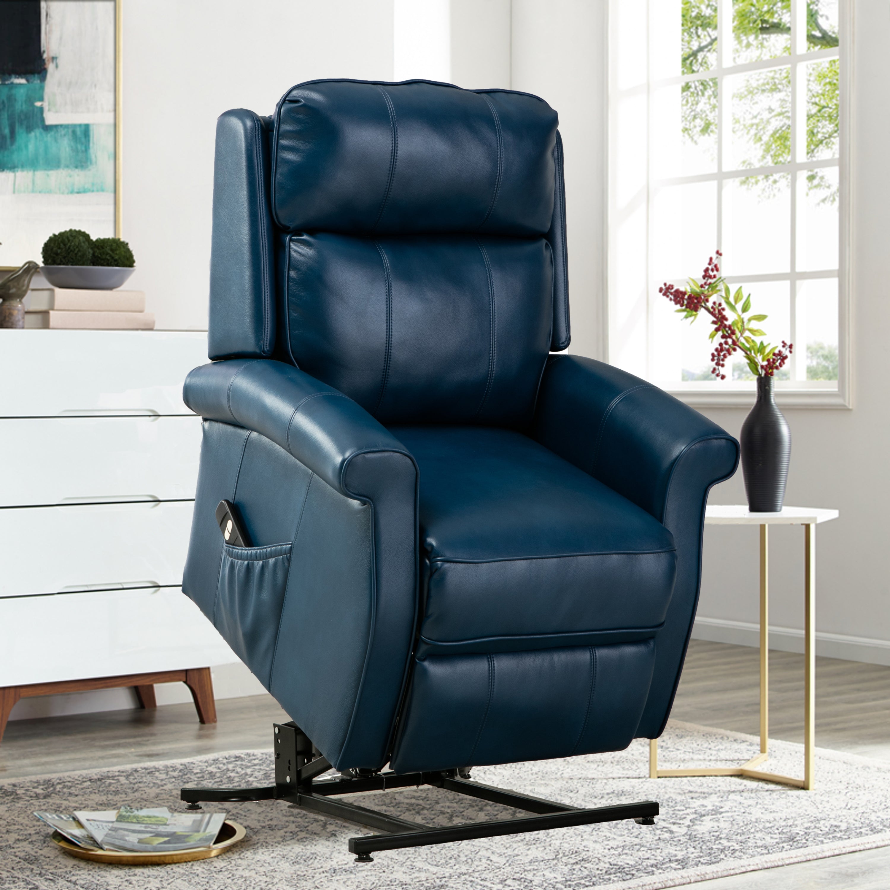 Landis Chair Navy Blue Lift Chair Recliner, lifted angle