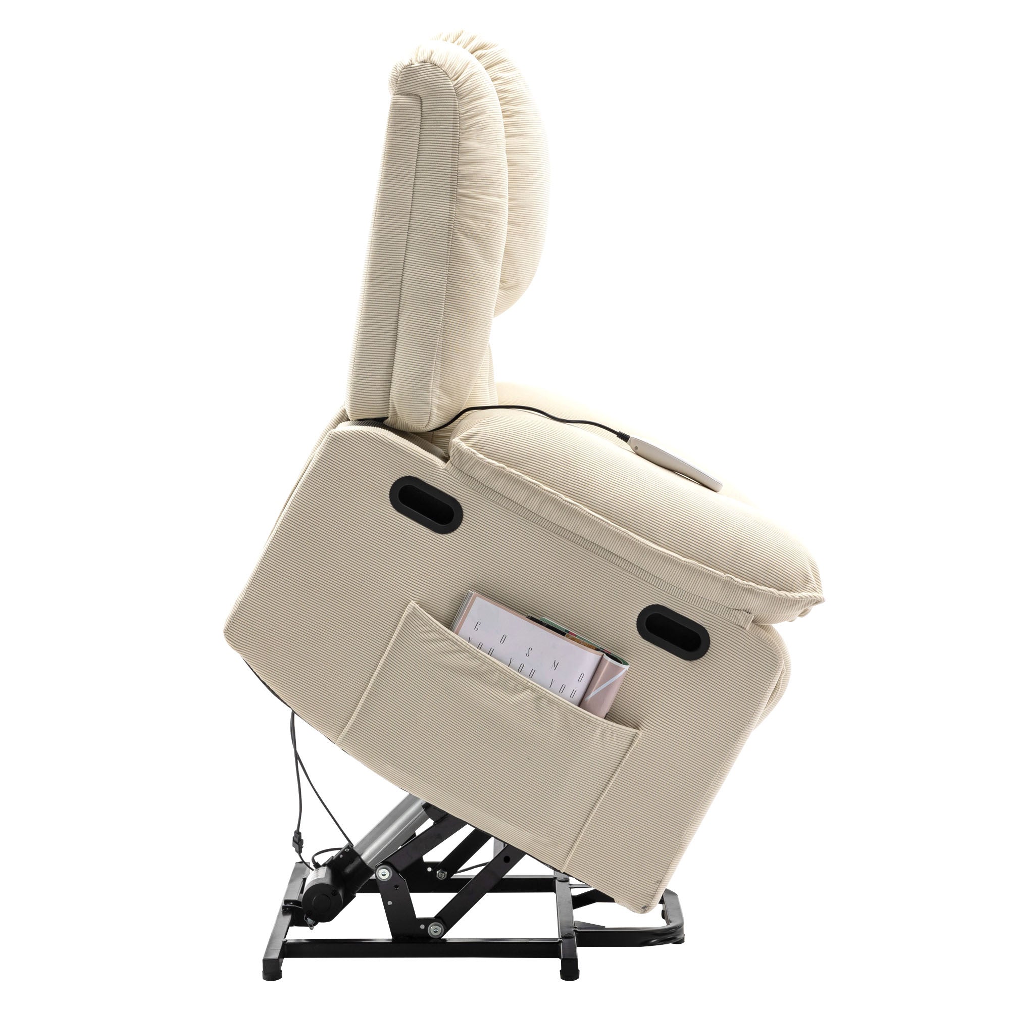 Beige Power Lift Chair with Adjustable Massage and Heat, lifted side view