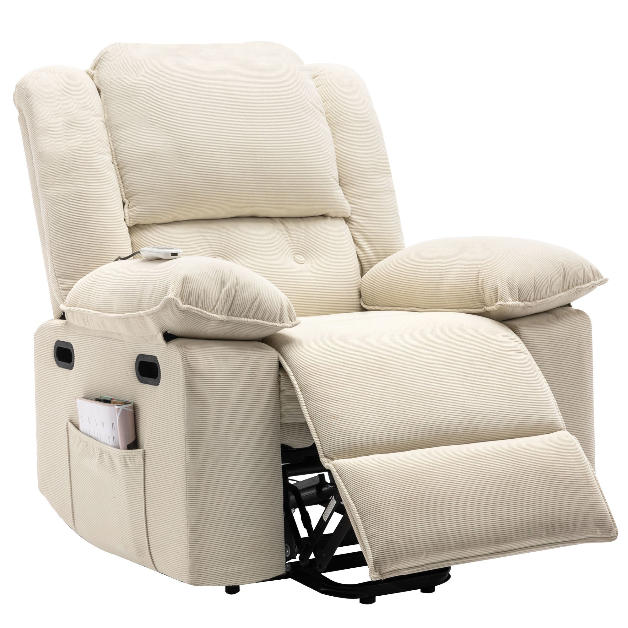 Beige Power Lift Chair with Adjustable Massage and Heat, angled with footrest extended
