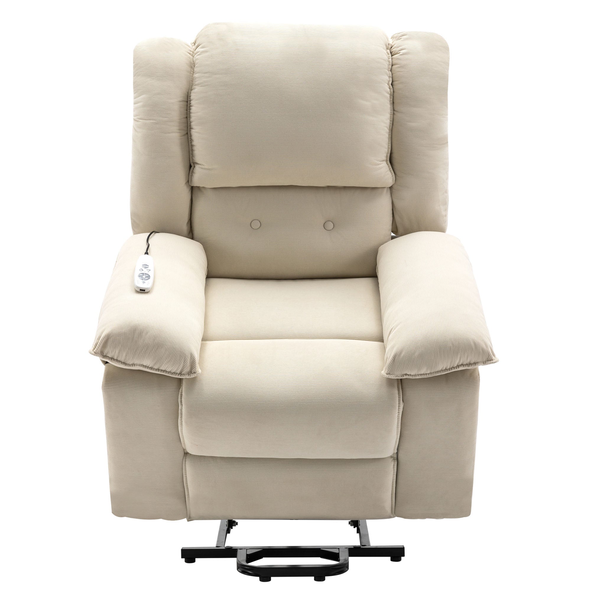 Beige Power Lift Chair with Adjustable Massage and Heat, lifted front