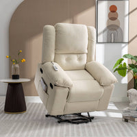 Beige Power Lift Chair with Adjustable Massage and Heat, lifted