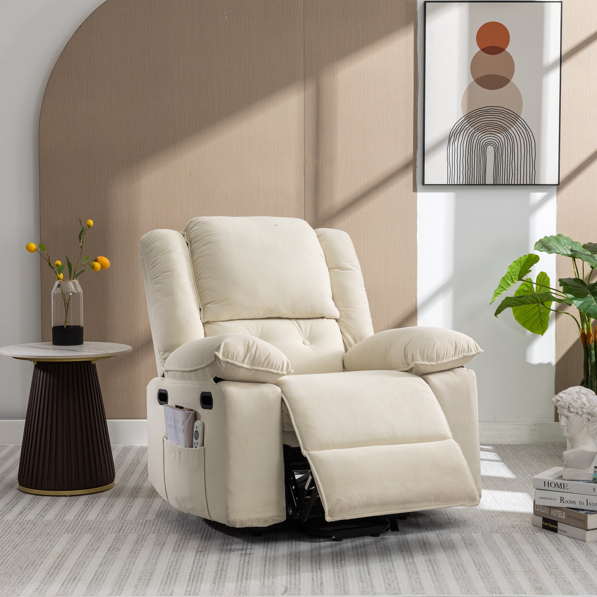 Beige Power Lift Chair with Adjustable Massage and Heat, footrest extending
