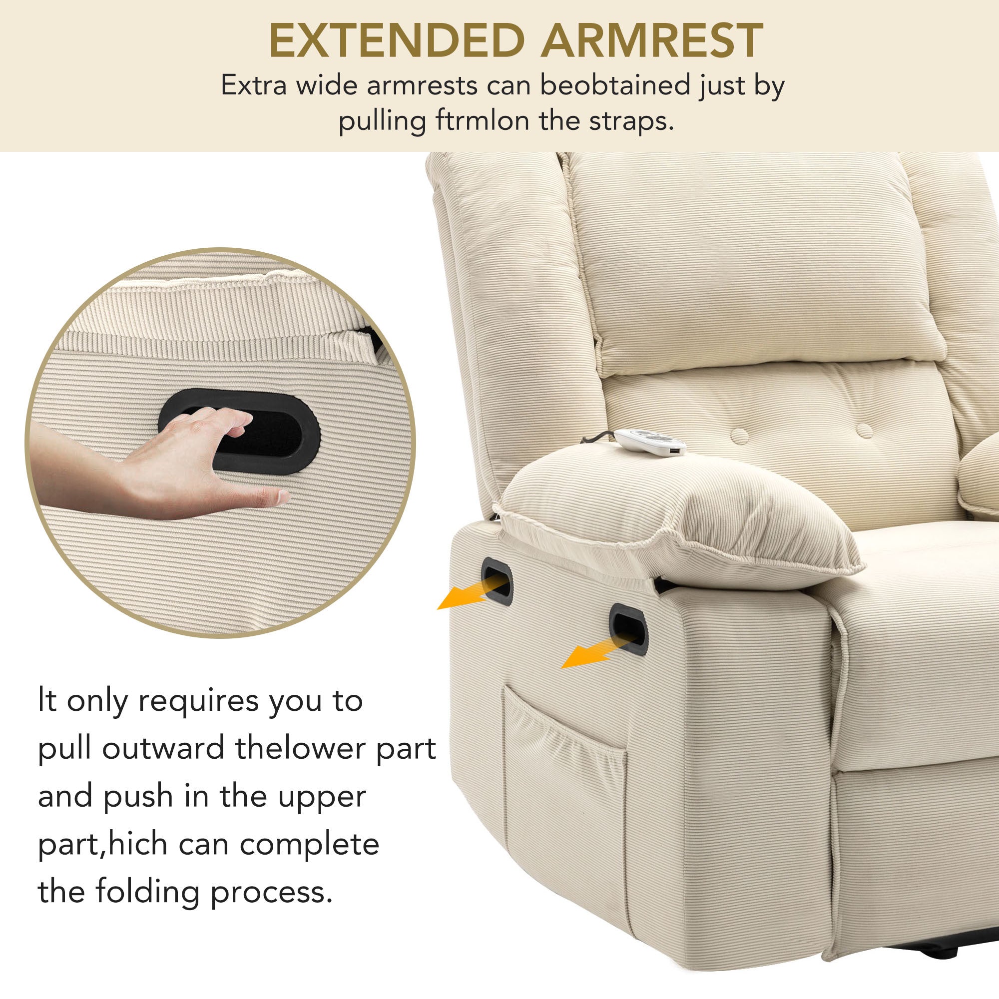 Beige Power Lift Chair with Adjustable Massage and Heat, armrest extension