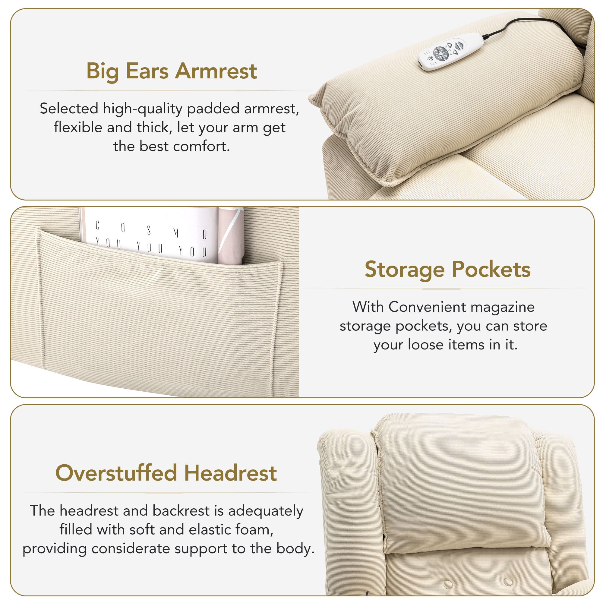 Beige Power Lift Chair with Adjustable Massage and Heat, features