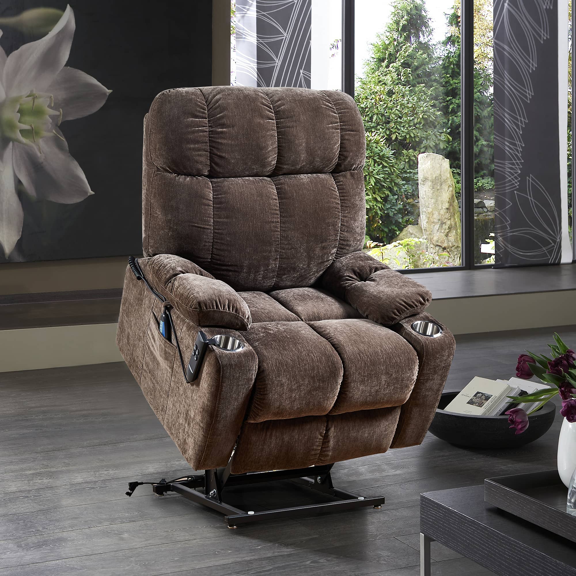 Brown infinite position sleep and lift recliner chair with heat massage, lifted