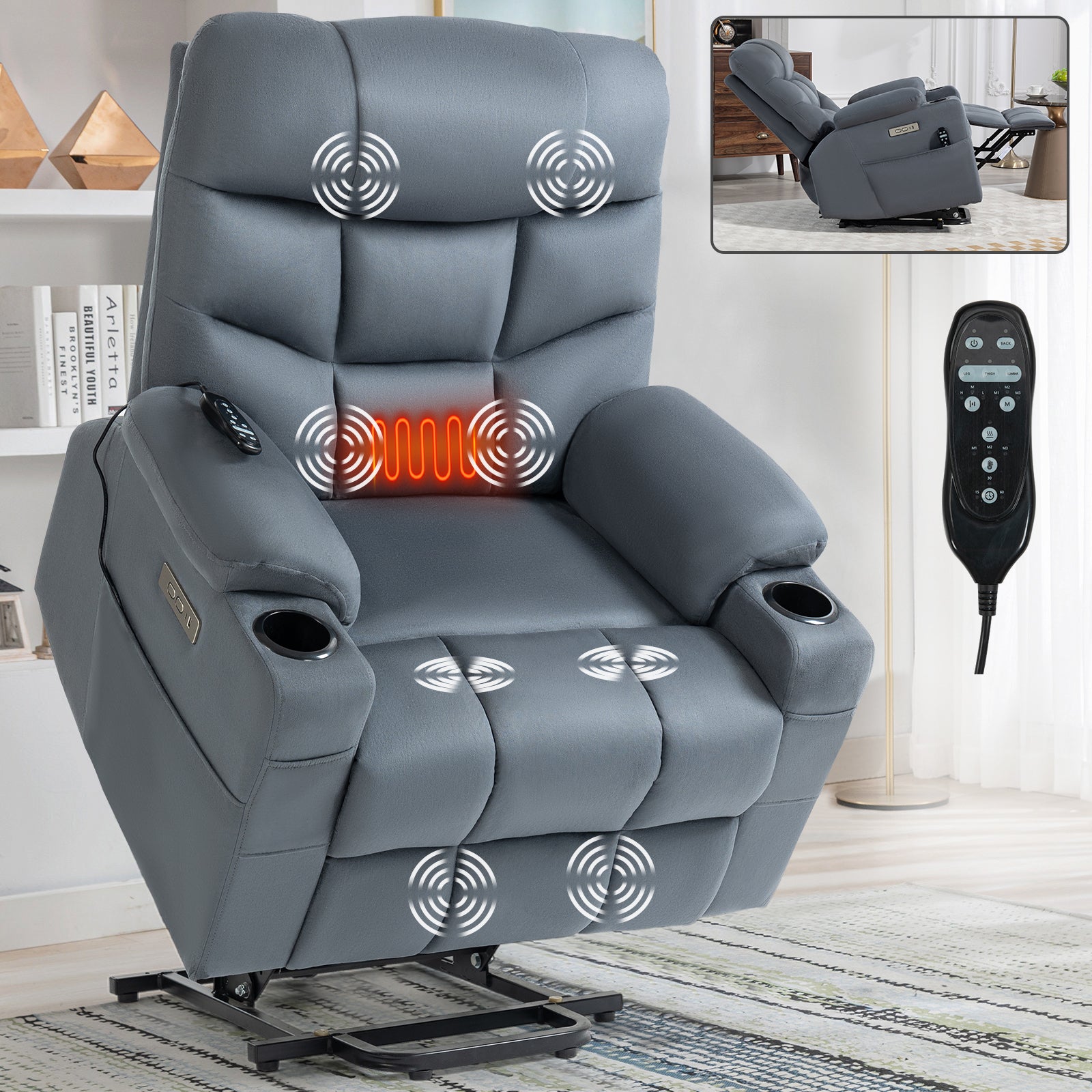 Blue Power Lift Recliner Chair with Vibration Massage and Lumbar Heat, lifted angle