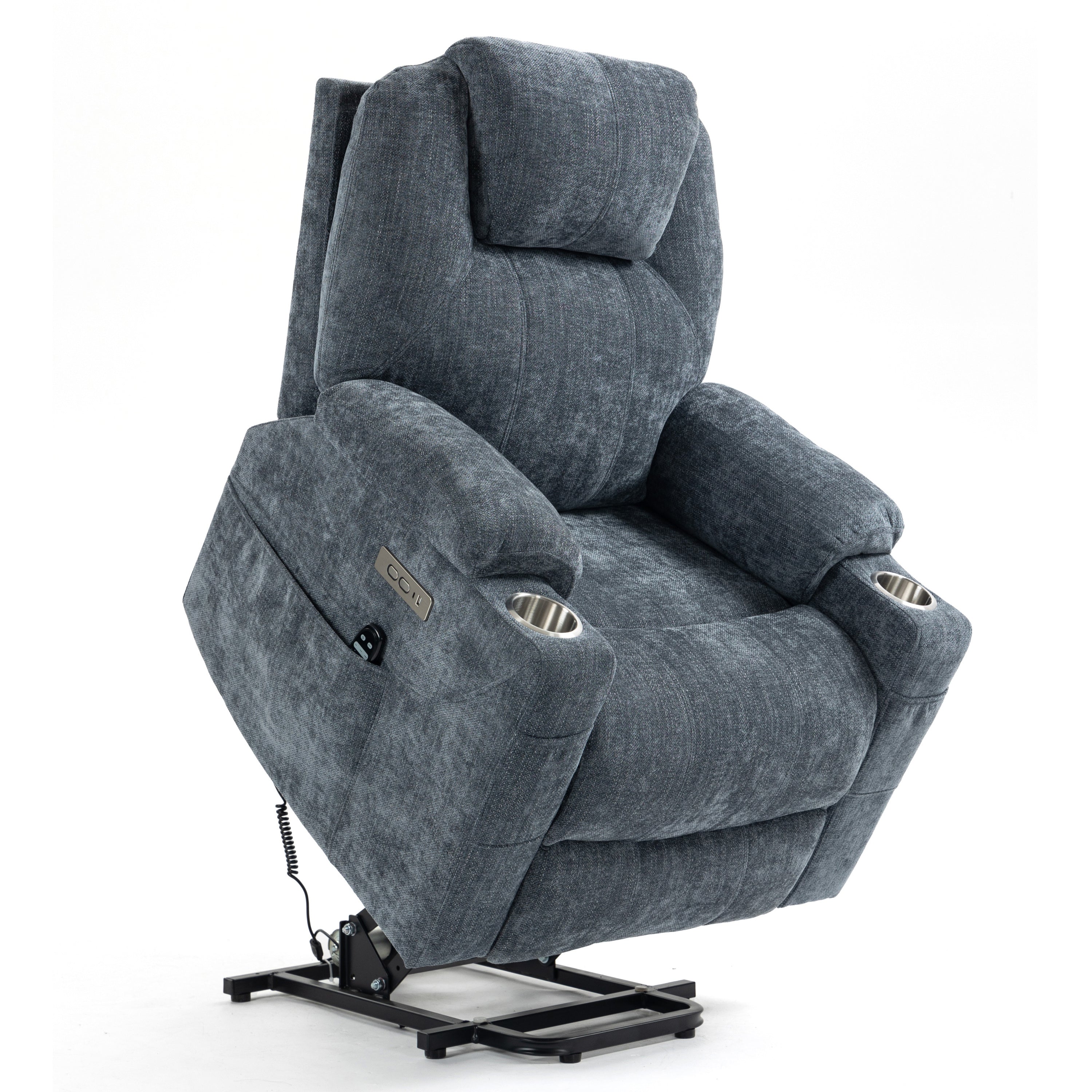 Blue Chenille Power Lift Recliner Chair, lifted, angle