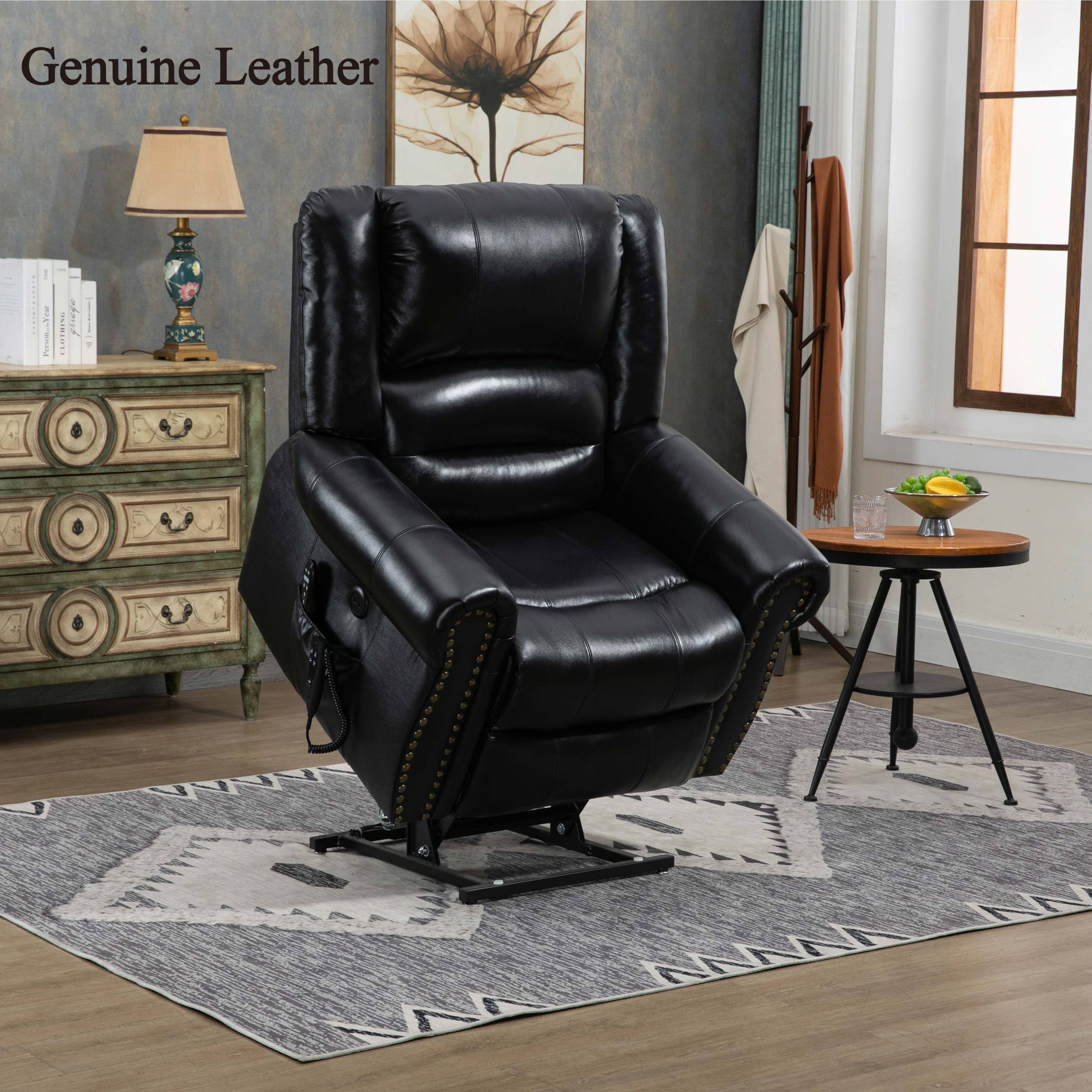 Genuine Leather Power Lift Recliner Chair with Heat, Massage and Infinite Positioning, Black