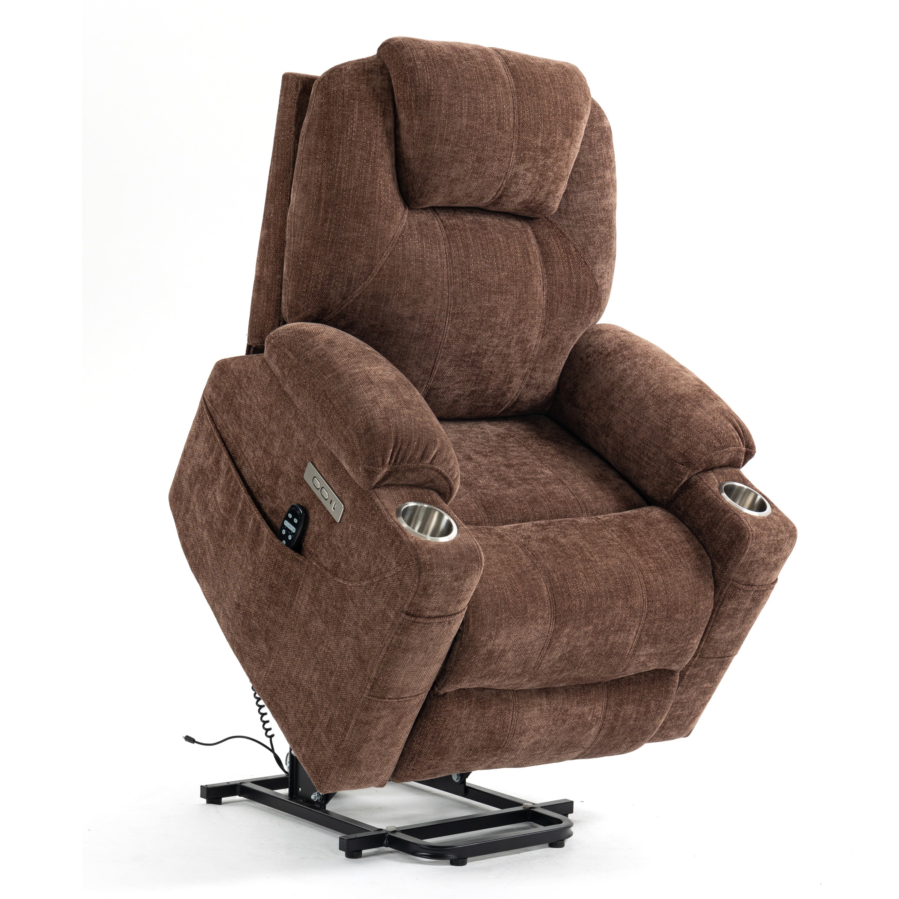 Brown Chenille Power Lift Recliner Chair, lifted angle