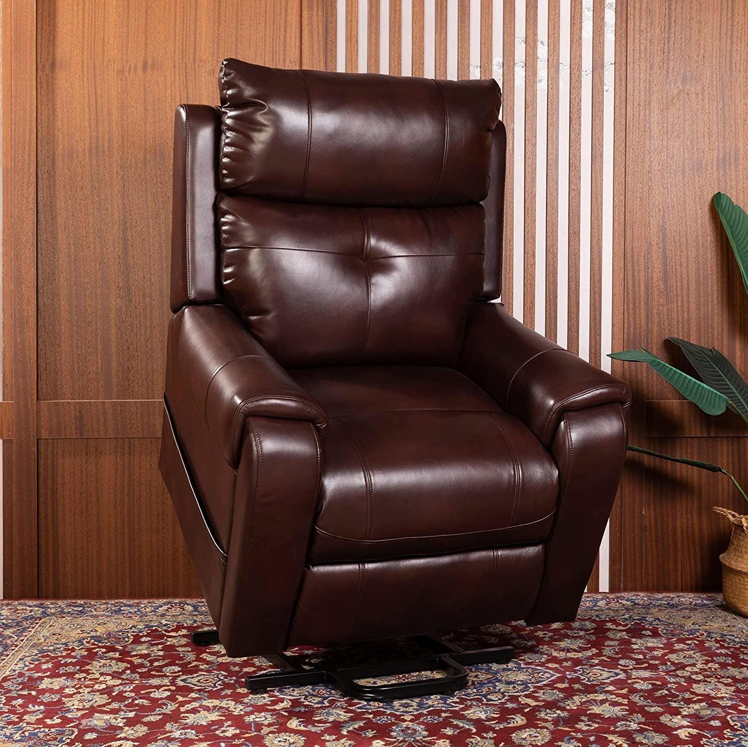 Red Brown Power Lift Recliner, lifted angle