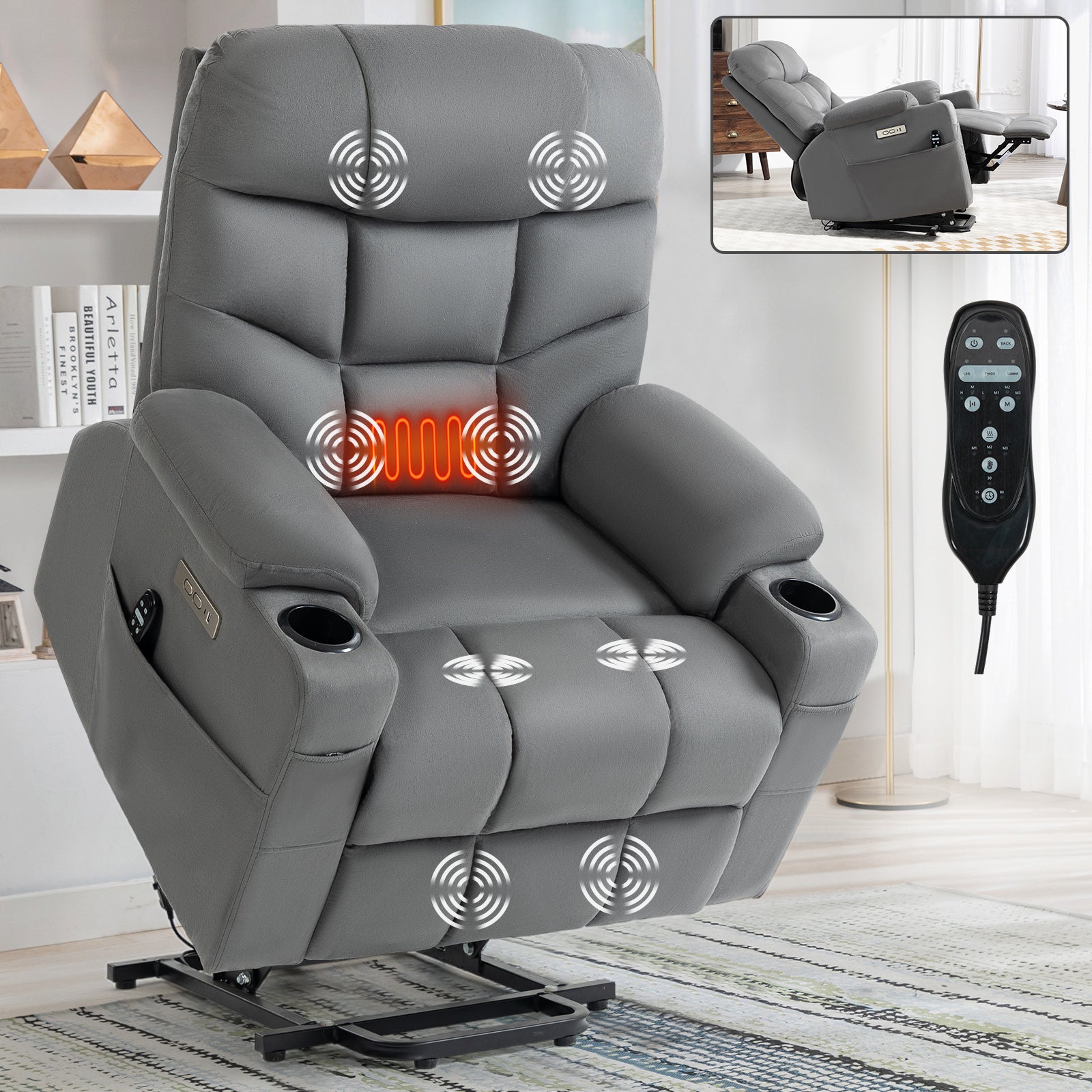 Grey Power Lift Recliner Chair with Vibration Massage and Lumbar Heat, lifted with heat and massage points