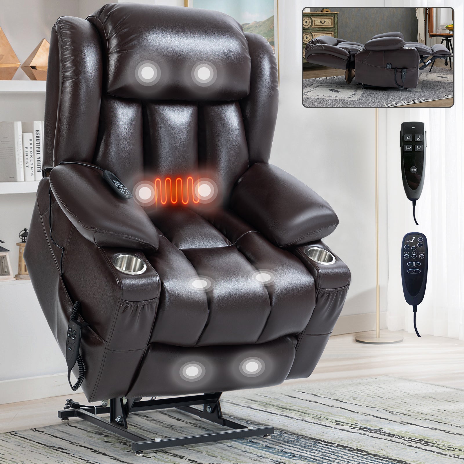 Brown Leatheraire Power Lift Recliner Chair, Heat and Massage