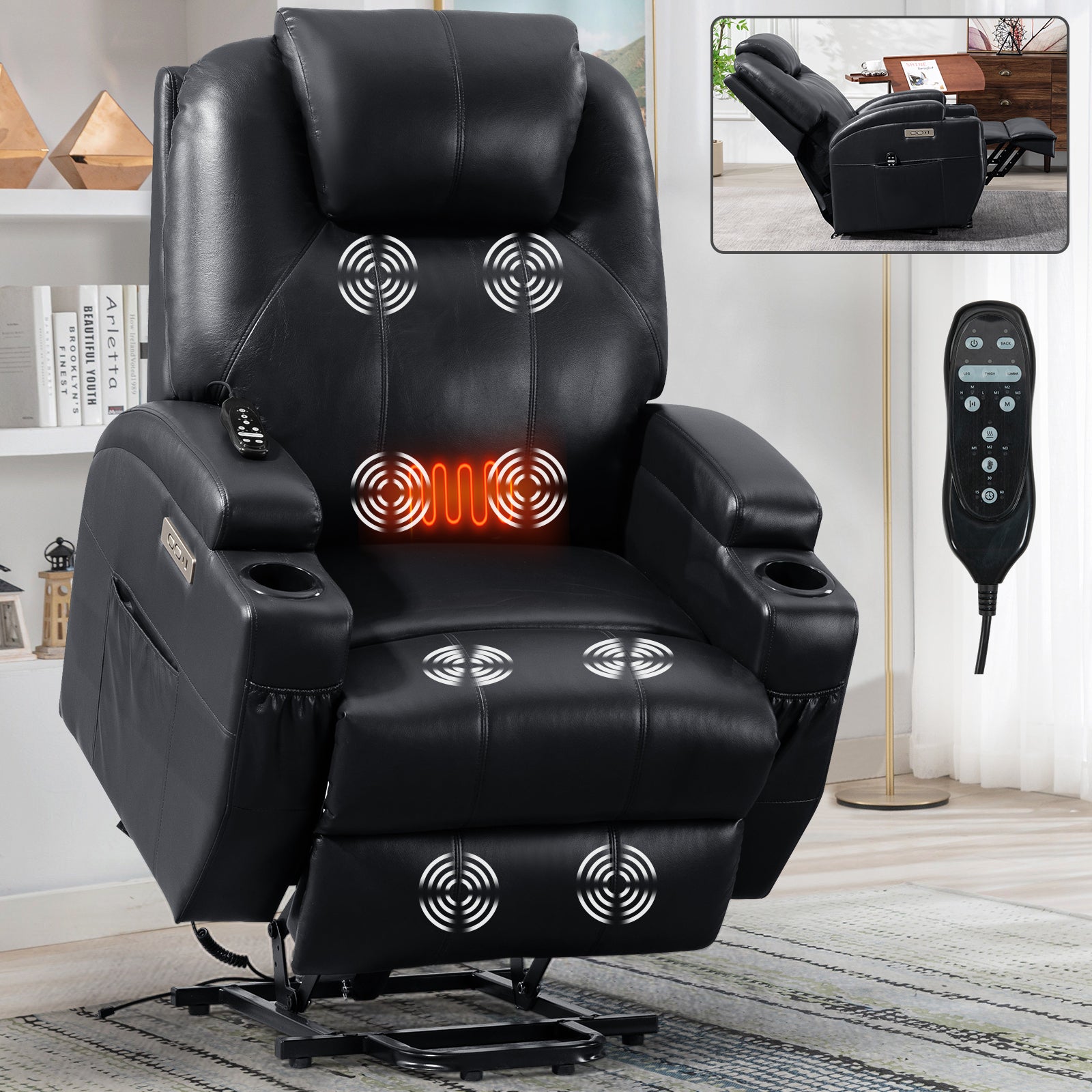 Power Lift Recliner Chair with Massage and Lumbar Heating, Black, lifted